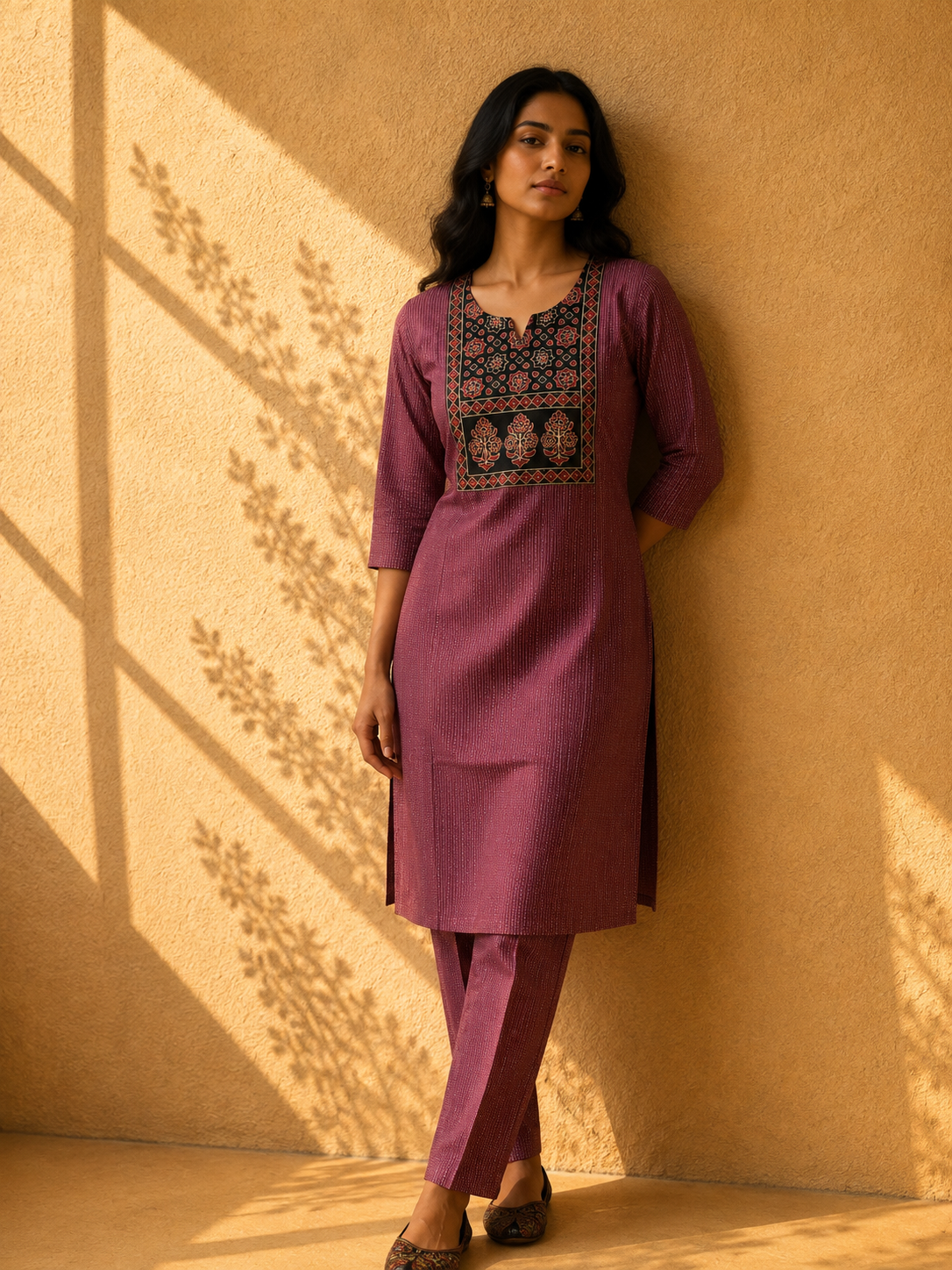 KANTHA KURTHI SET (DARK MAROON FLORAL)