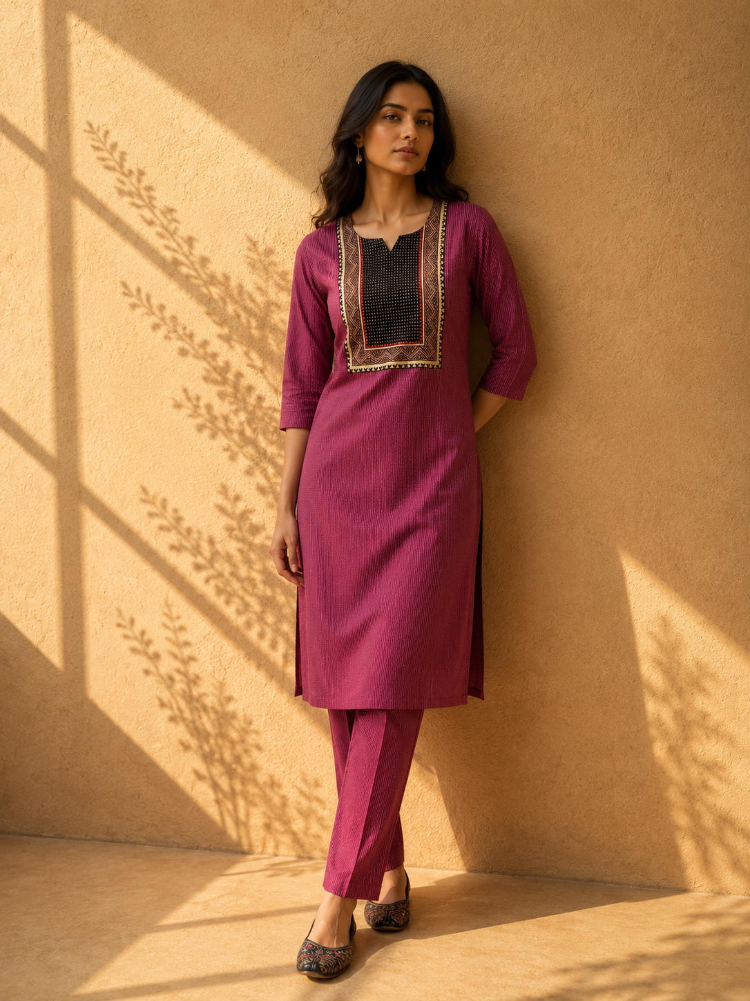 KANTHA KURTHI SET (PINK DOTS)