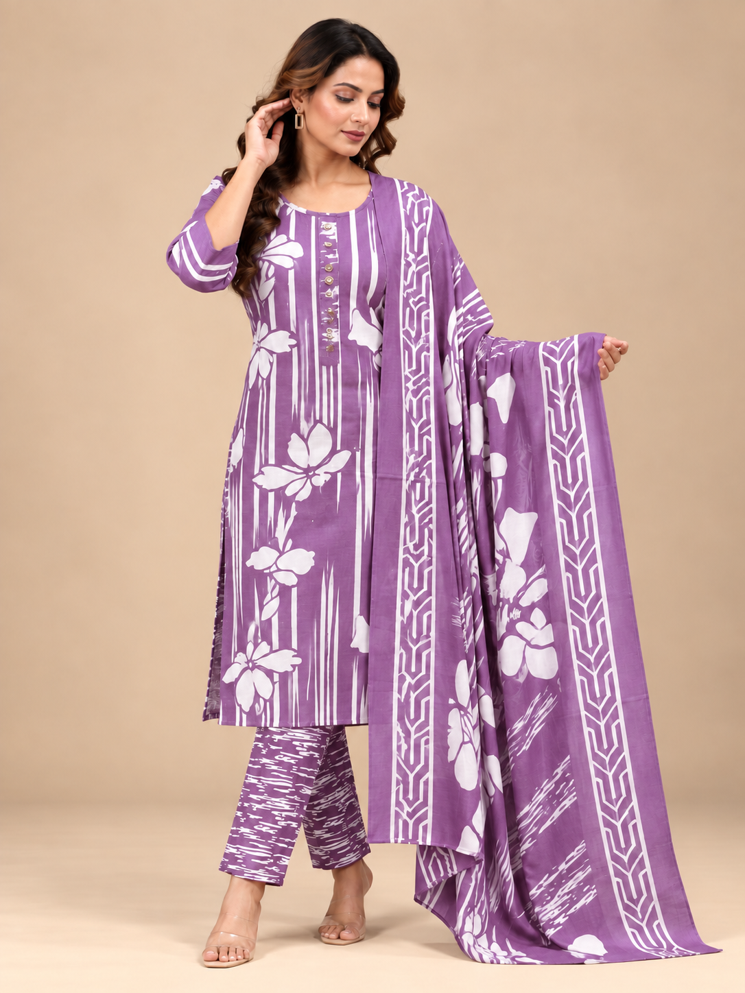 LILAC FLORAL STRIPED PRINTED COTTON-BLEND SALWAR SET