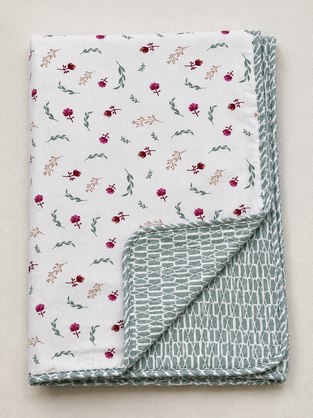SAGE GREEN FLORAL SPRIG PRINTED COTTON DOHAR