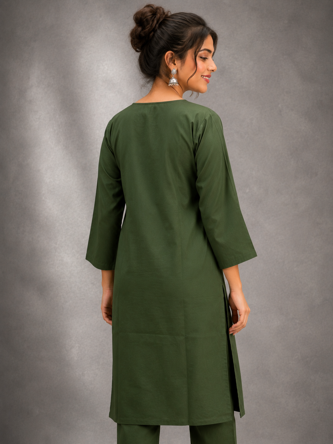 DHABU COTTON KURTHI SET (DARK OLIVE GREEN)