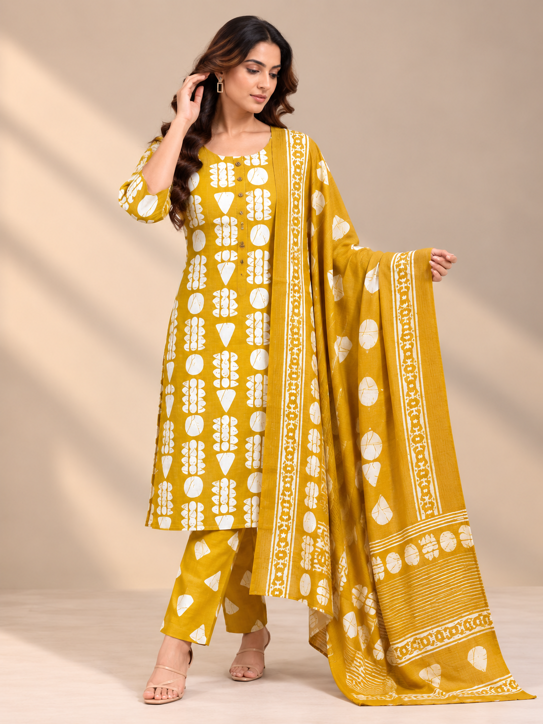 MUSTARD YELLOW ABSTRACT FLORAL PRINTED COTTON-BLEND SALWAR SET