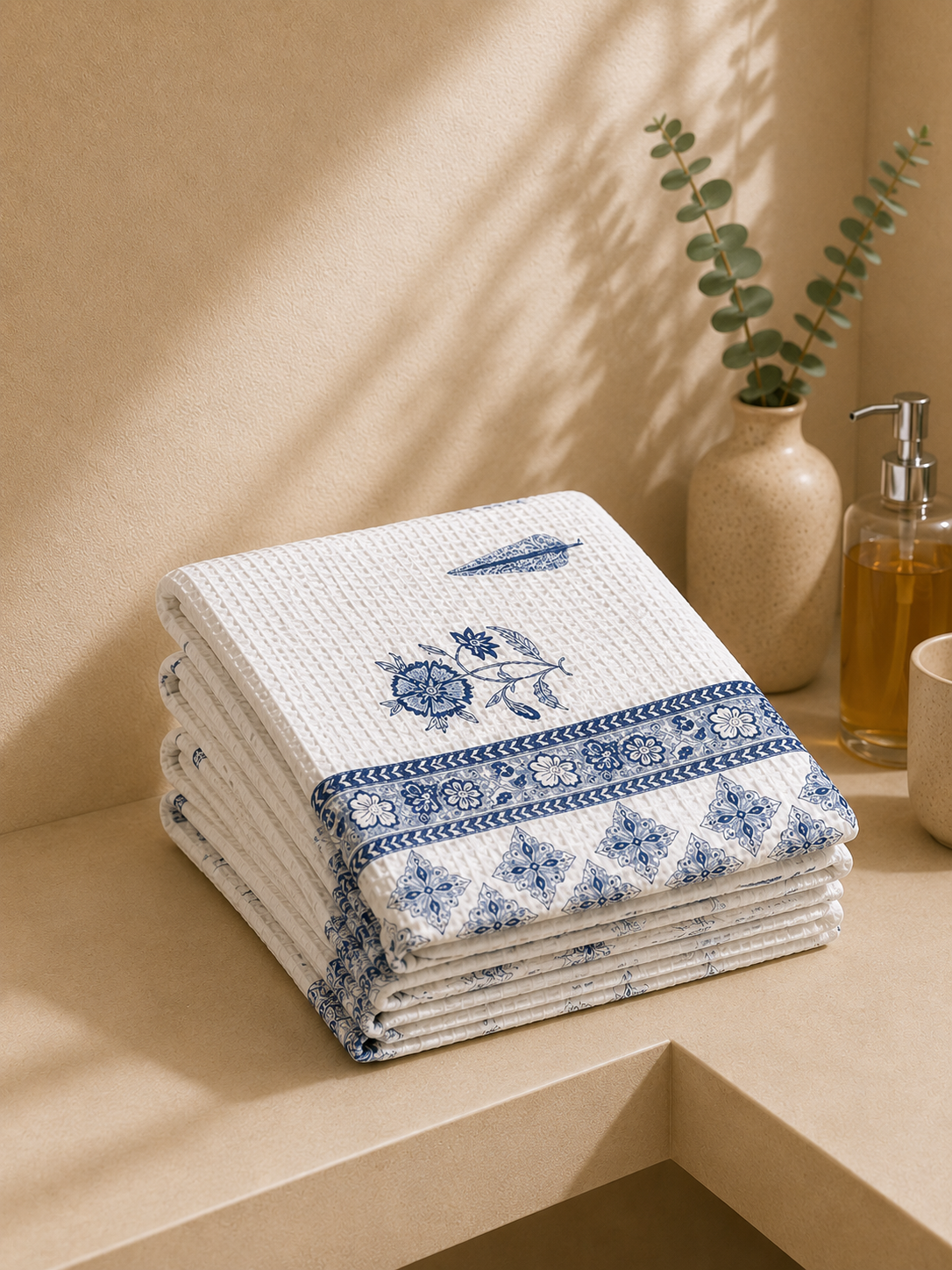 COTTON WAFFLE BATH TOWEL – IVORY WHITE WITH INDIGO FLORAL PRINT
