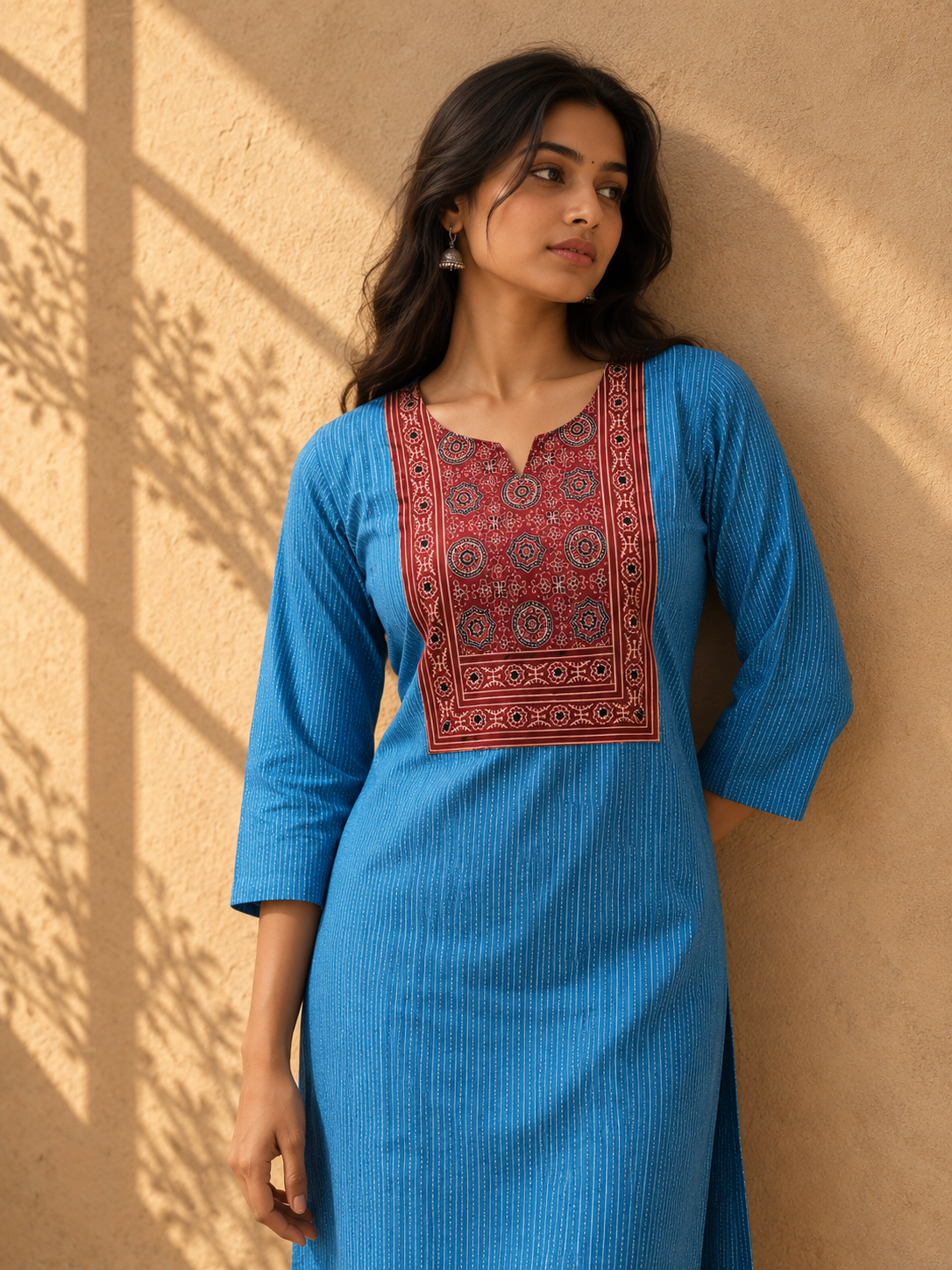 KANTHA KURTHI SET (BLUE AJRAKH)