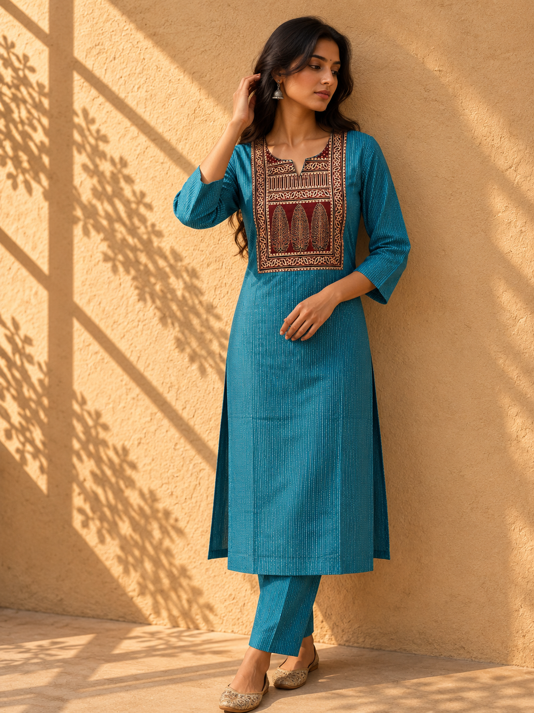 KANTHA KURTHI SET (DARK CYAN LEAF)