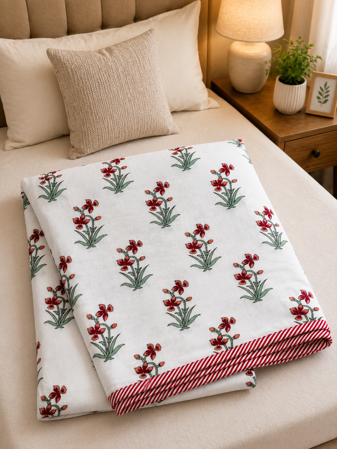 IVORY RED FLORAL SPRIG PRINTED COTTON DOHAR