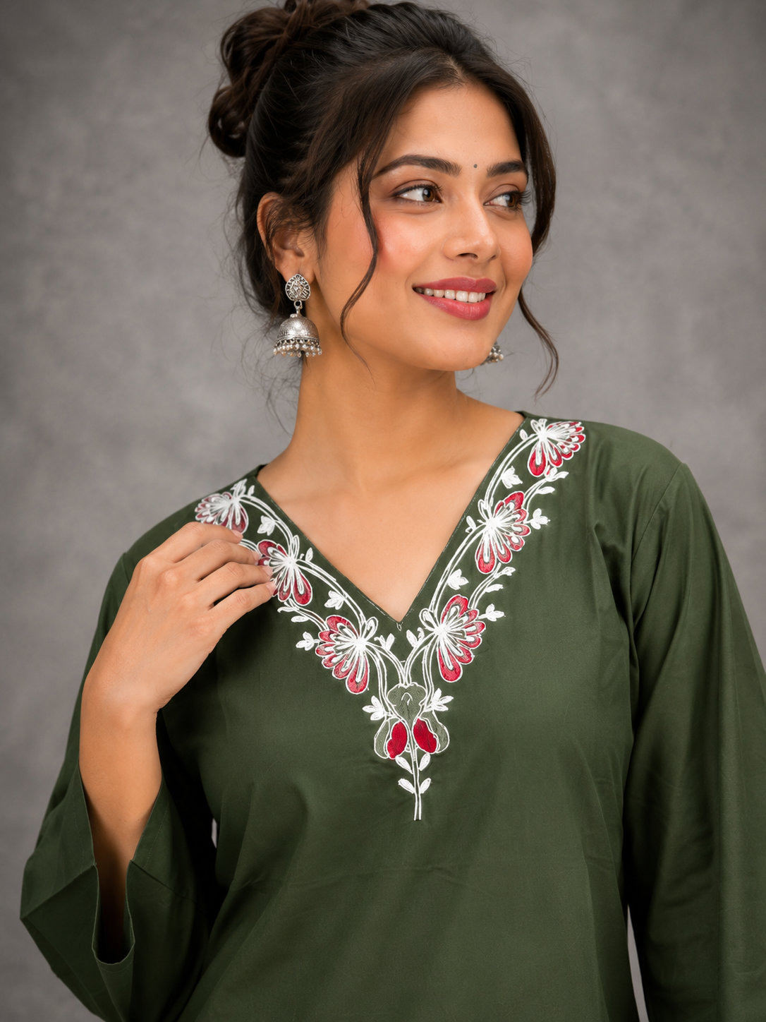 DHABU COTTON KURTHI SET (DARK OLIVE GREEN)