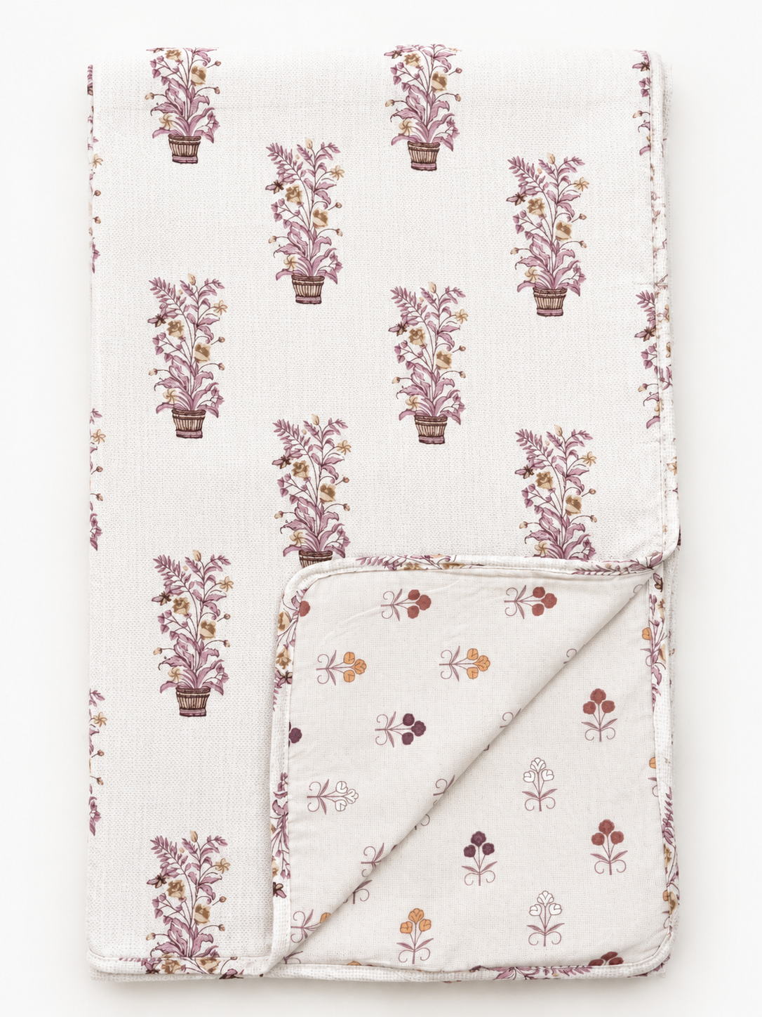 DUSTY MAUVE FLORAL POT PRINTED COTTON BEDSPREAD