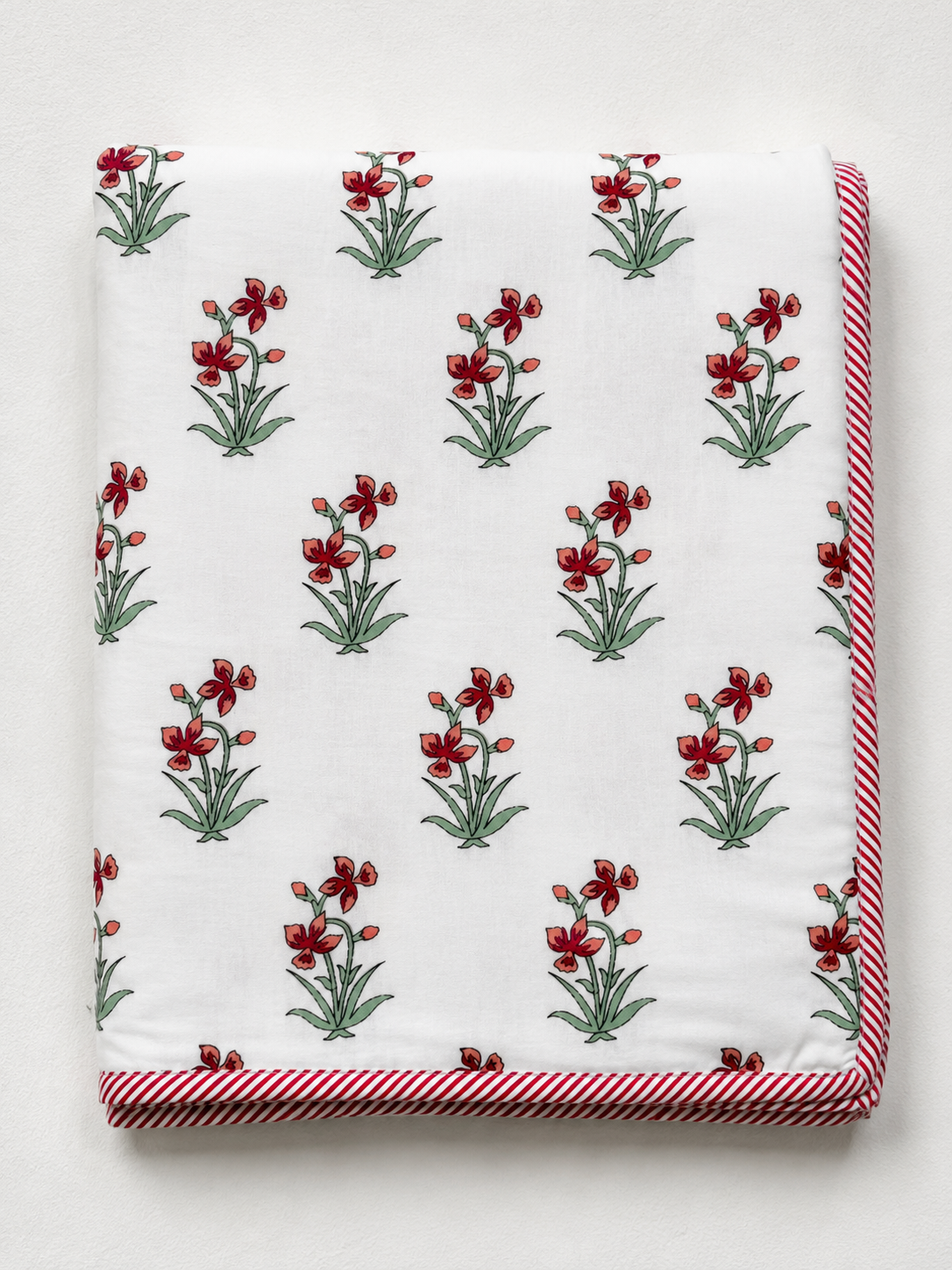 IVORY RED FLORAL SPRIG PRINTED COTTON DOHAR