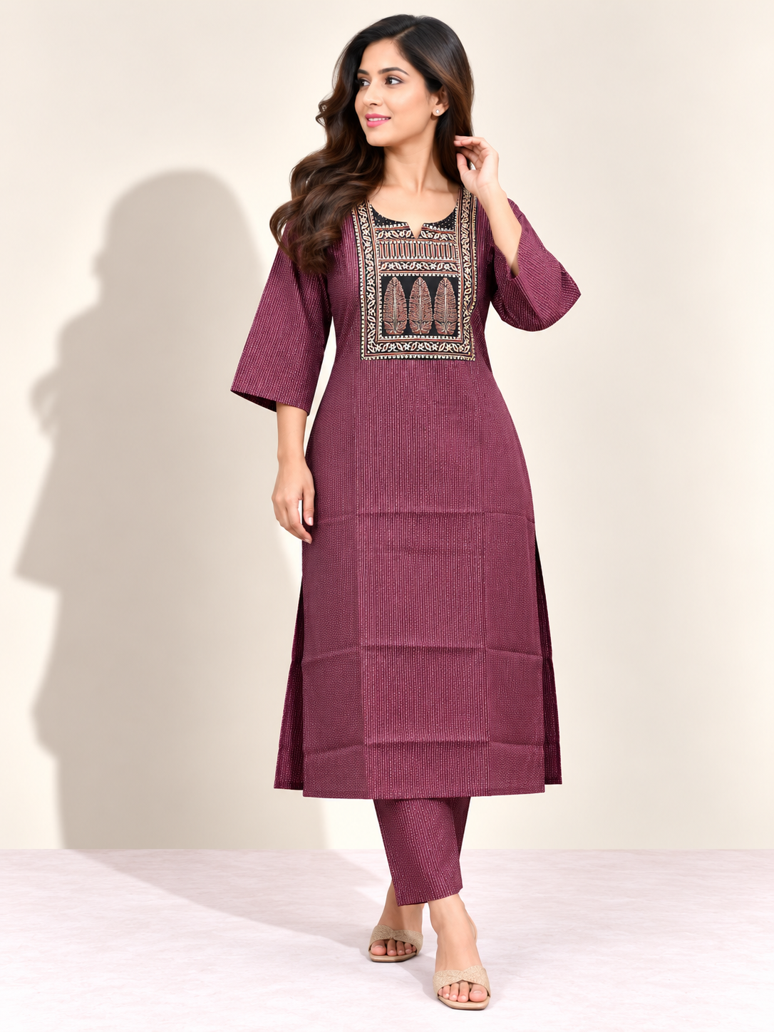 KANTHA KURTHI SET (DARK MAROON LEAF)