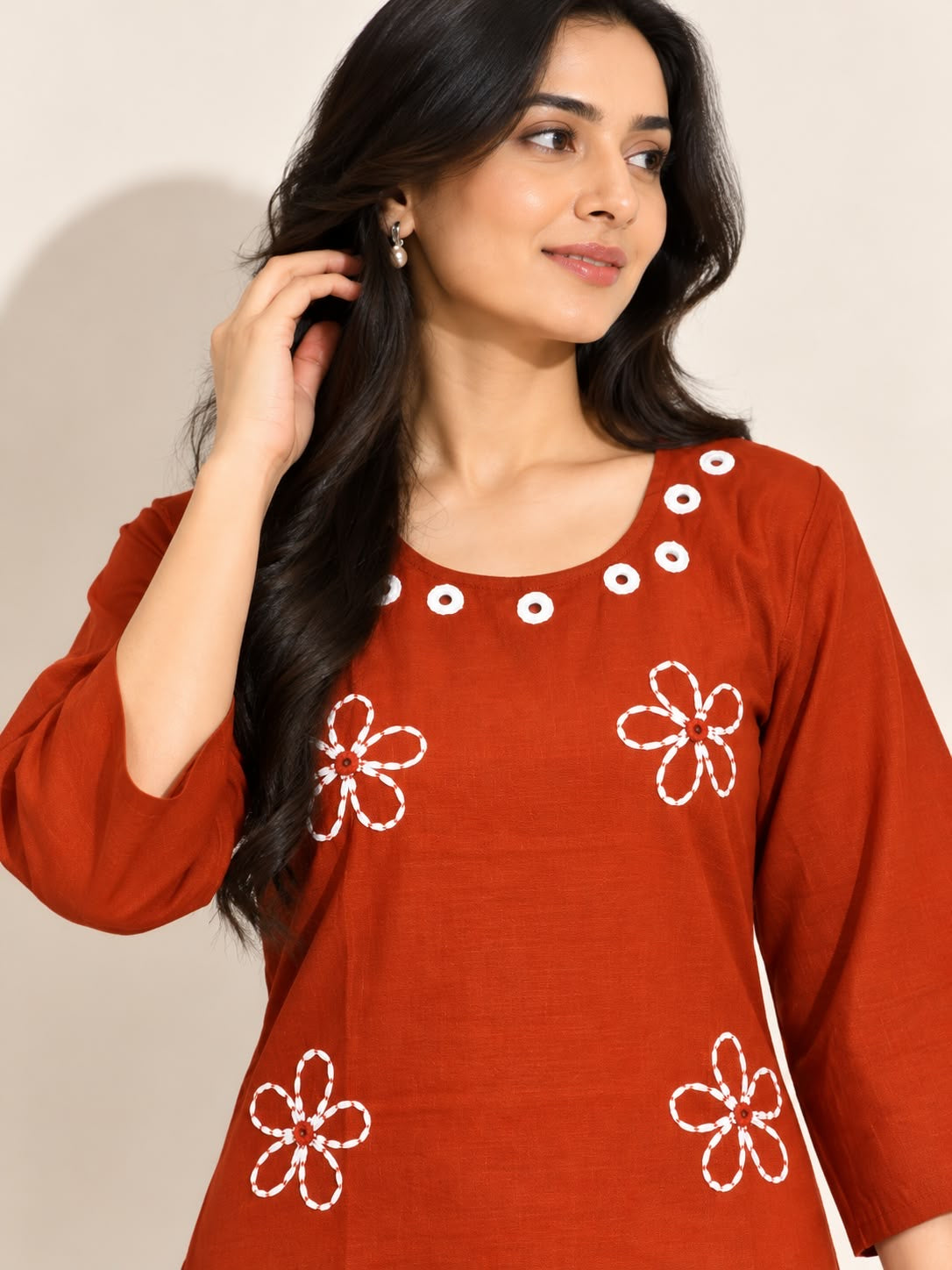 BURNT ORANGE VATICAN SILK EMBROIDERED TWO-PIECE KURTI SET
