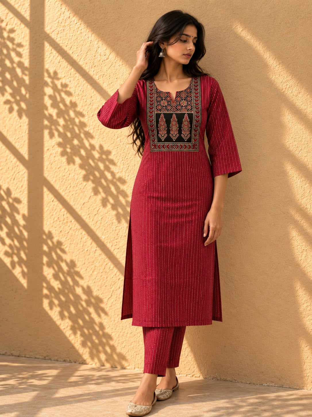 KANTHA KURTHI SET (RED KANTHA)