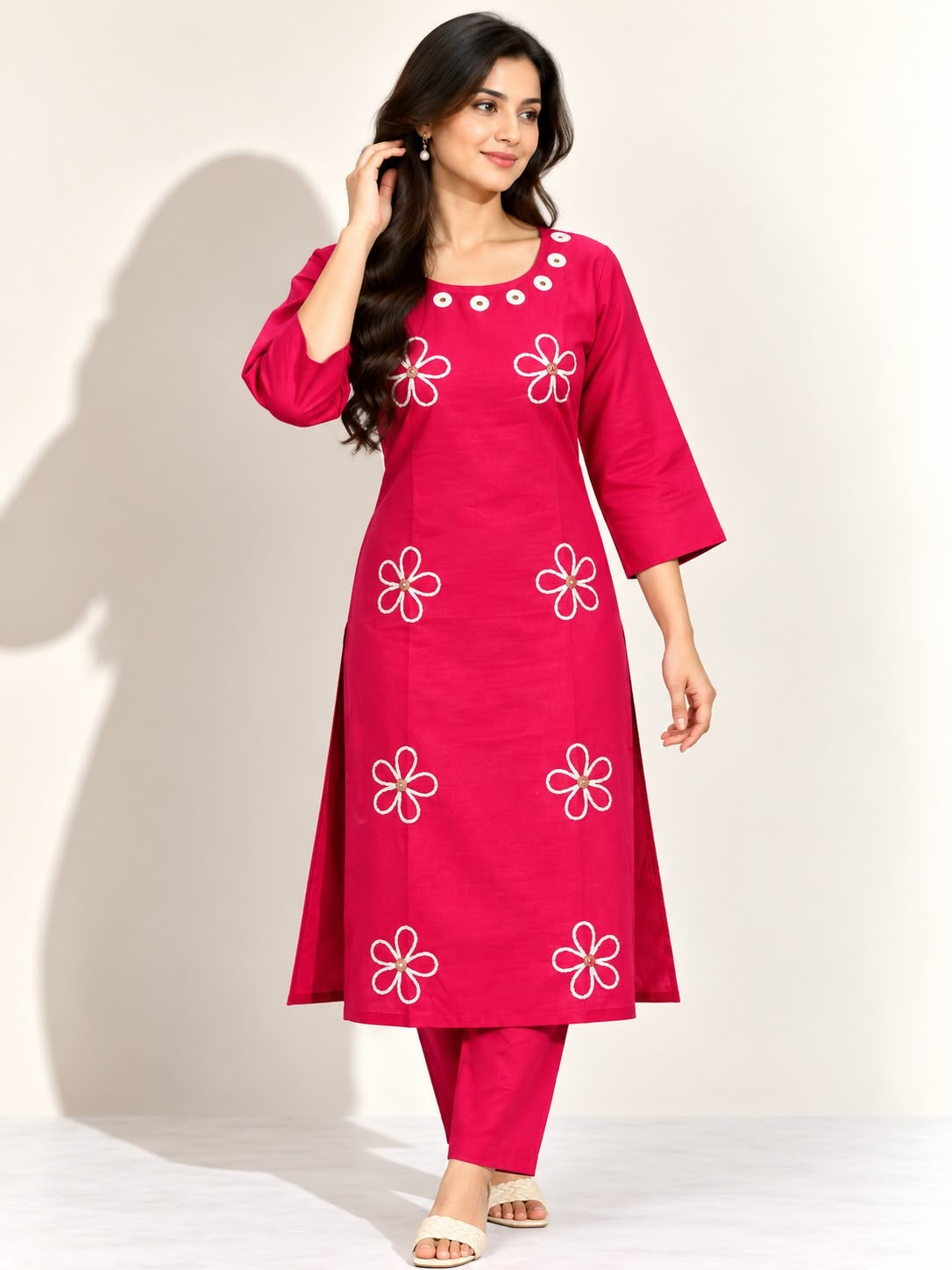 HOT PINK VATICAN SILK EMBROIDERED TWO-PIECE KURTI SET