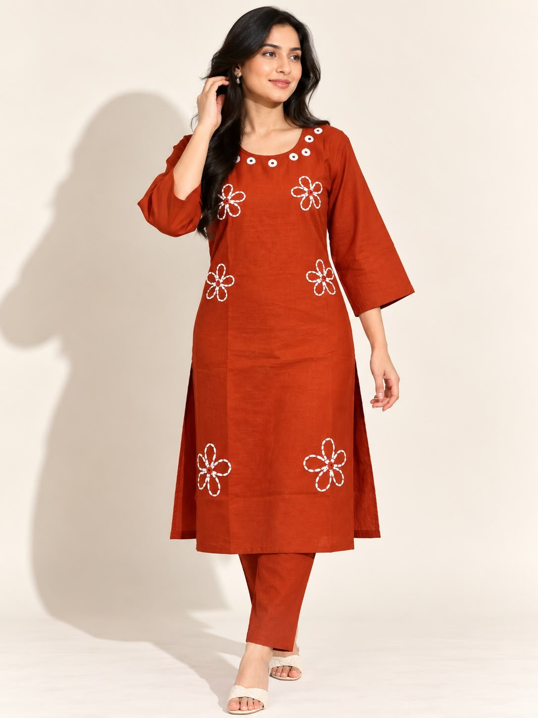 BURNT ORANGE VATICAN SILK EMBROIDERED TWO-PIECE KURTI SET