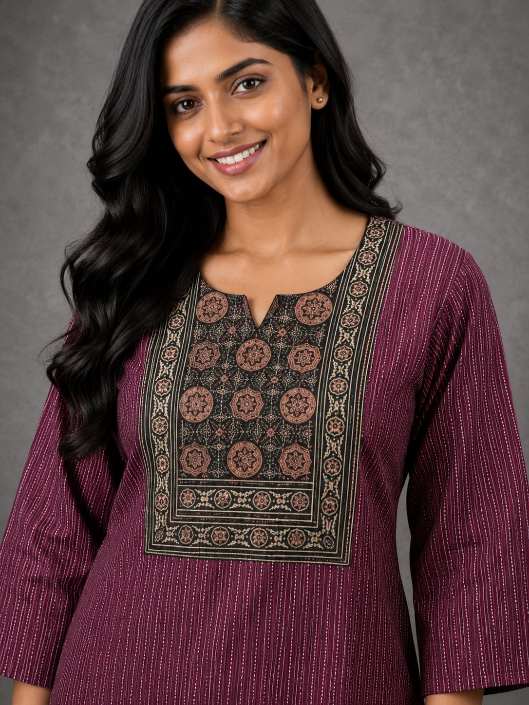 KANTHA KURTHI SET (DARK MAROON AJRAKH)