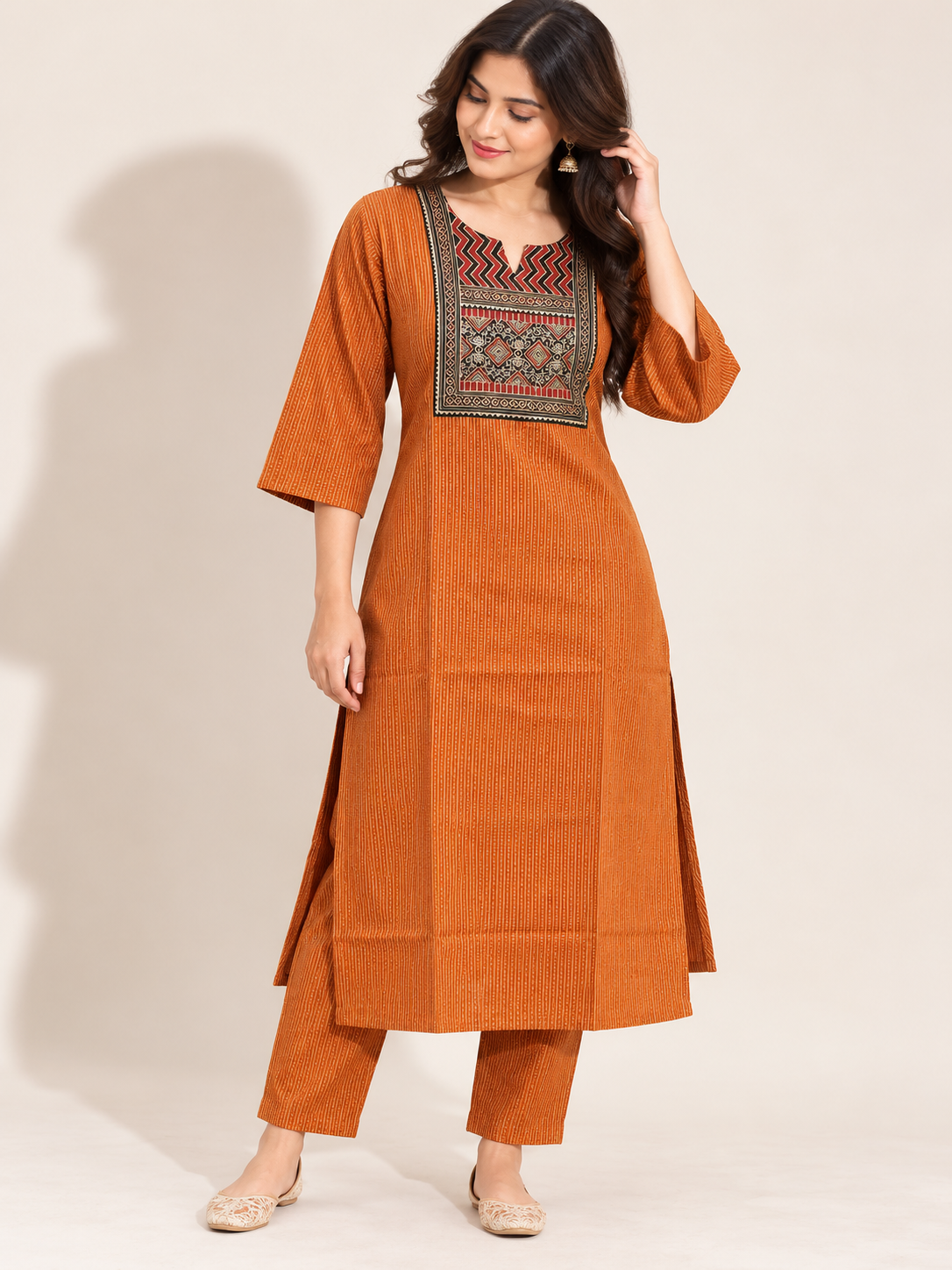 KANTHA KURTHI SET (ORANGE GEOMETRIC)