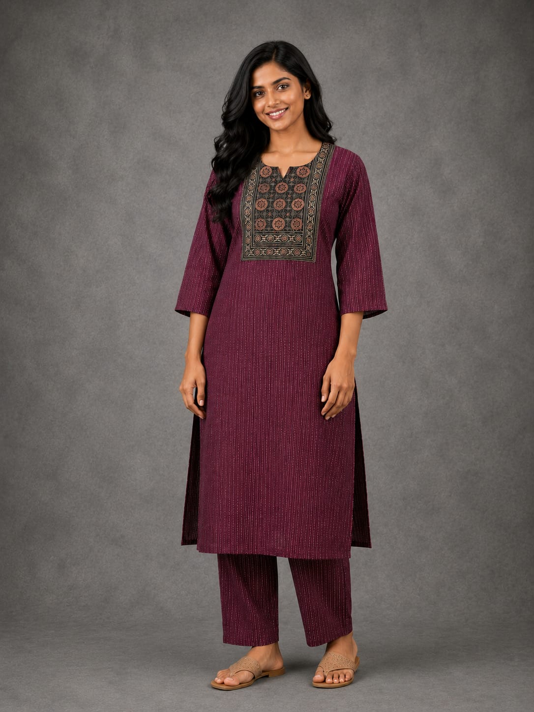 KANTHA KURTHI SET (DARK MAROON AJRAKH)