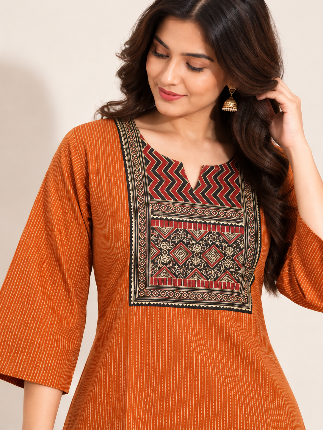 KANTHA KURTHI SET (ORANGE GEOMETRIC)