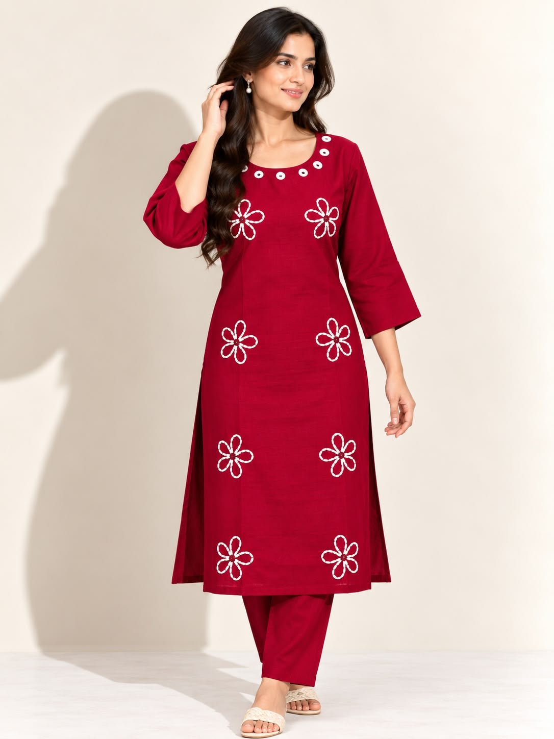 CRIMSON RED VATICAN SILK EMBROIDERED TWO-PIECE KURTI SET