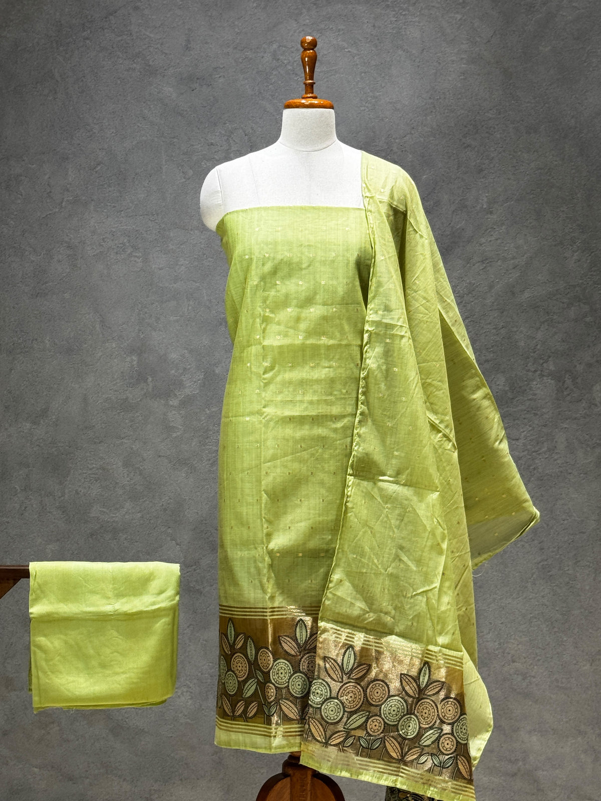 PISTACHIO GREEN FLORAL BORDER SILK SALWAR MATERIAL SET