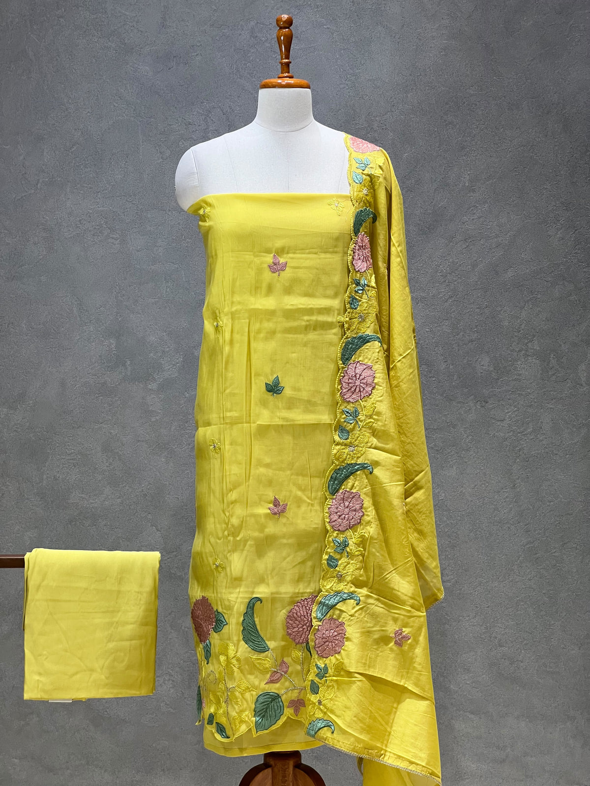 LEMON YELLOW FLORAL EMBROIDERED SILK SALWAR MATERIAL SET