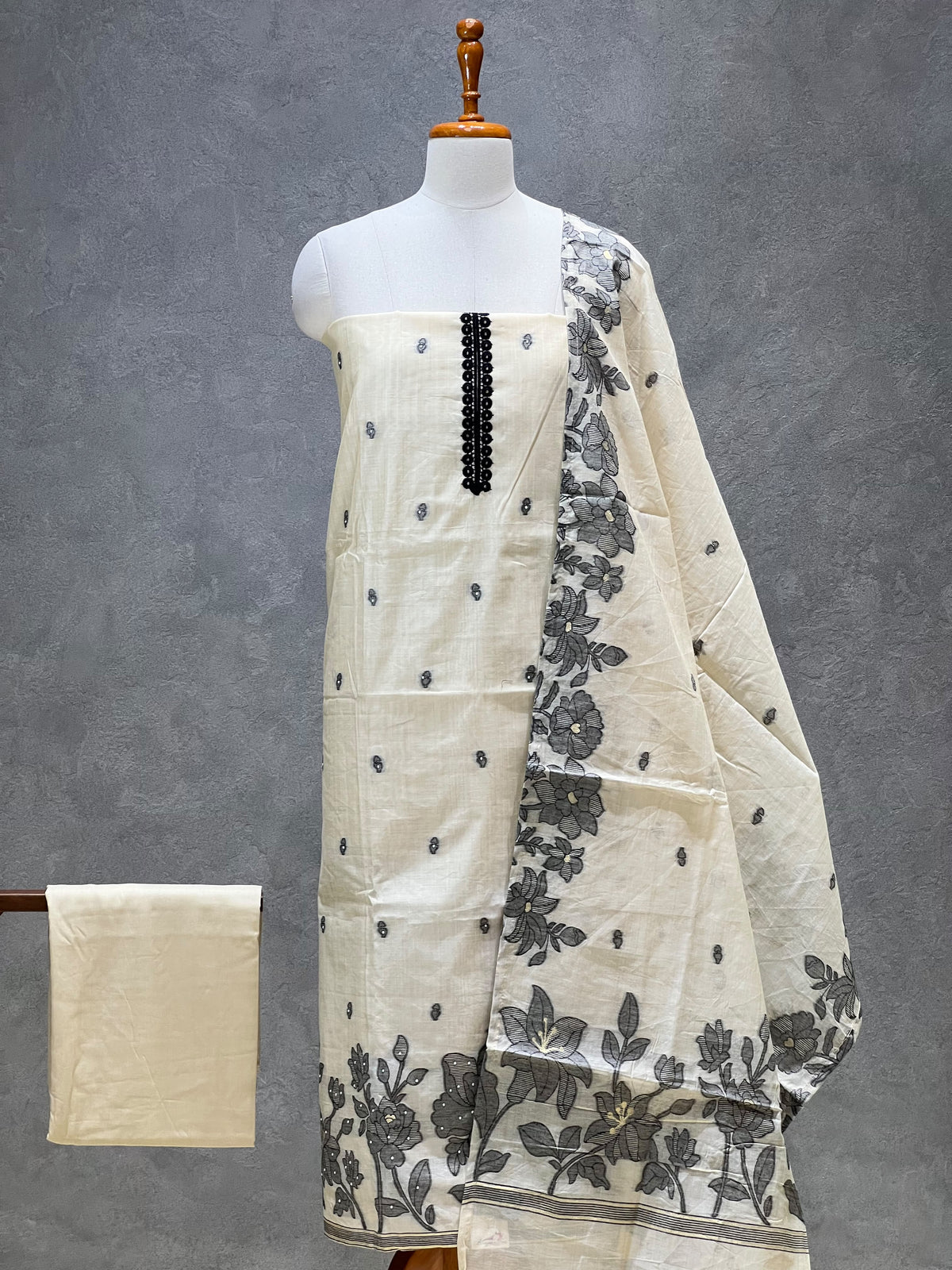 IVORY FLORAL PRINT SILK SALWAR MATERIAL SET