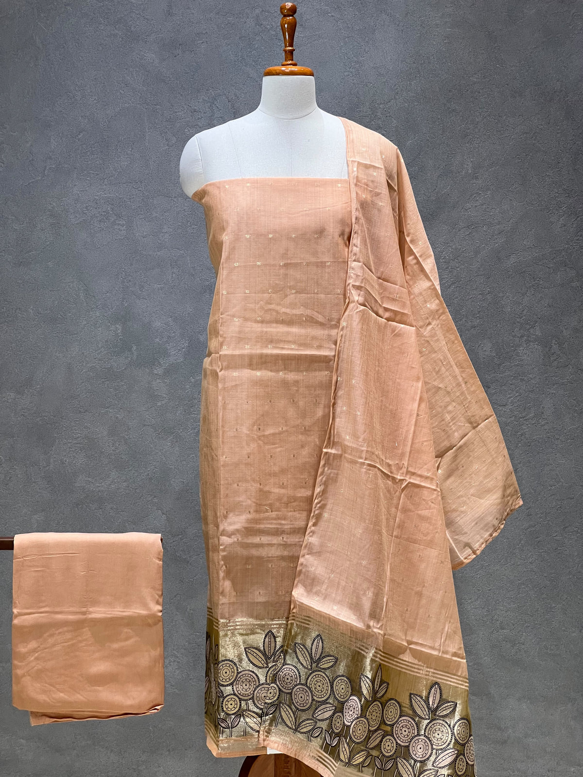 PEACH PINK FLORAL BORDER SILK SALWAR MATERIAL SET