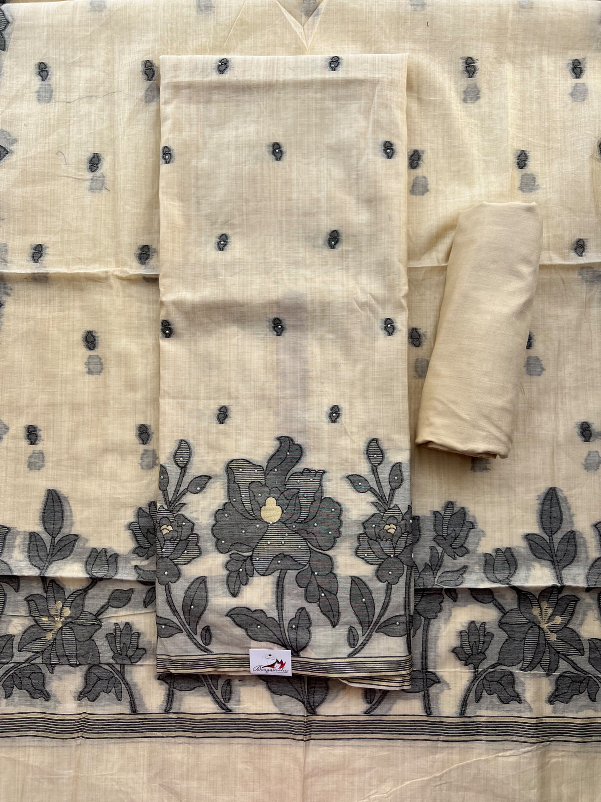 IVORY FLORAL PRINT SILK SALWAR MATERIAL SET