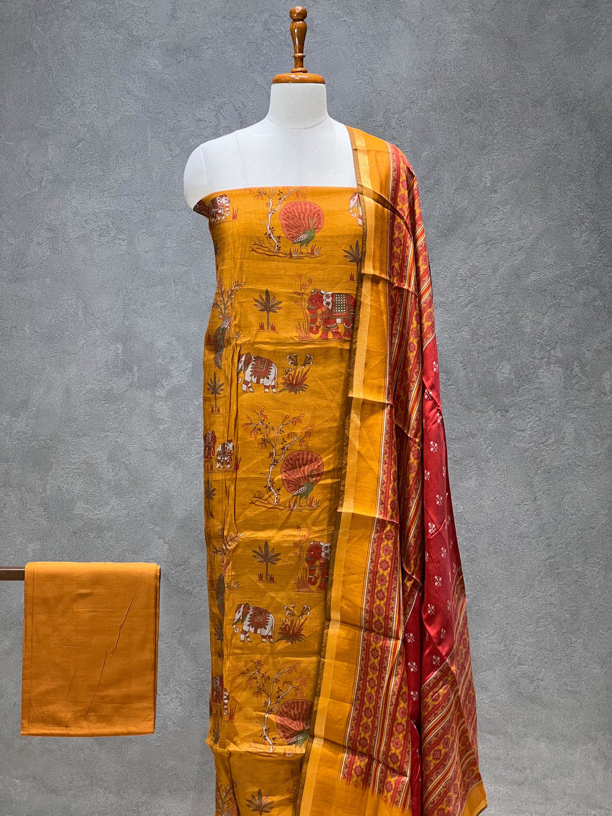 MUSTARD YELLOW & RED ELEPHANT PRINTED SALWAR MATERIAL SET