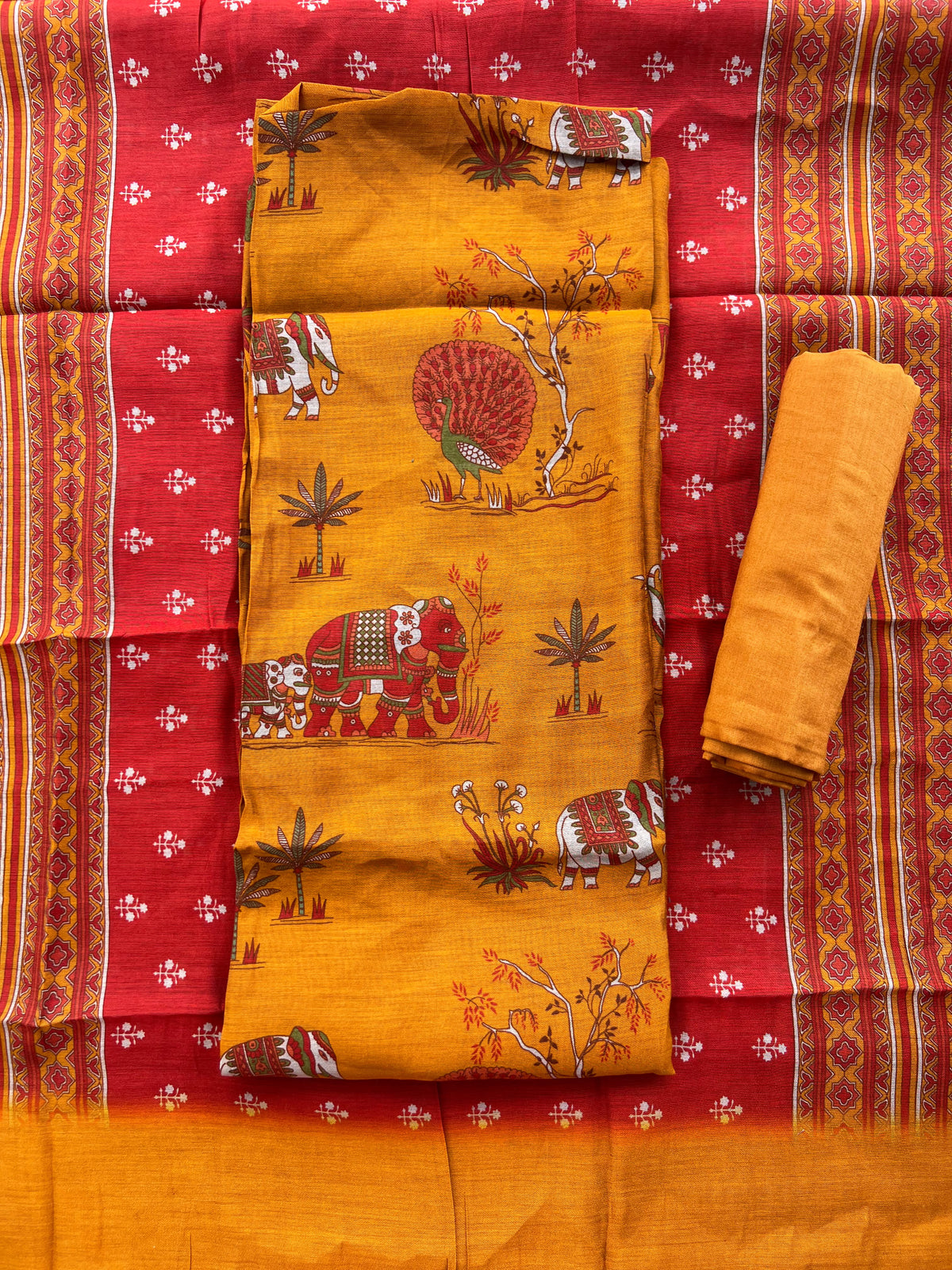 MUSTARD YELLOW & RED ELEPHANT PRINTED SALWAR MATERIAL SET