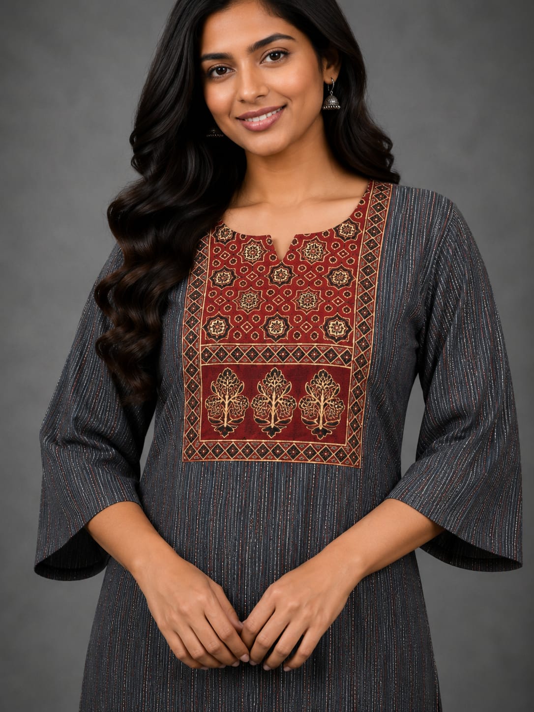 KANTHA KURTHI SET (GREY FLORAL)