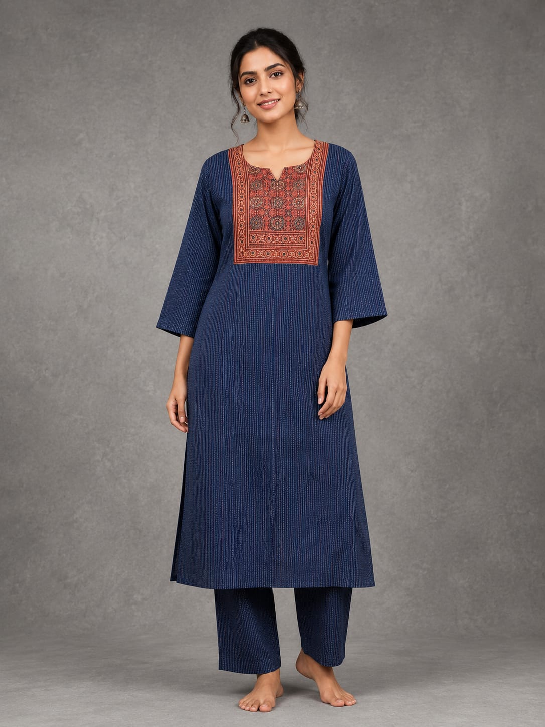KANTHA KURTHI SET (NAVY BLUE AJRAKH)
