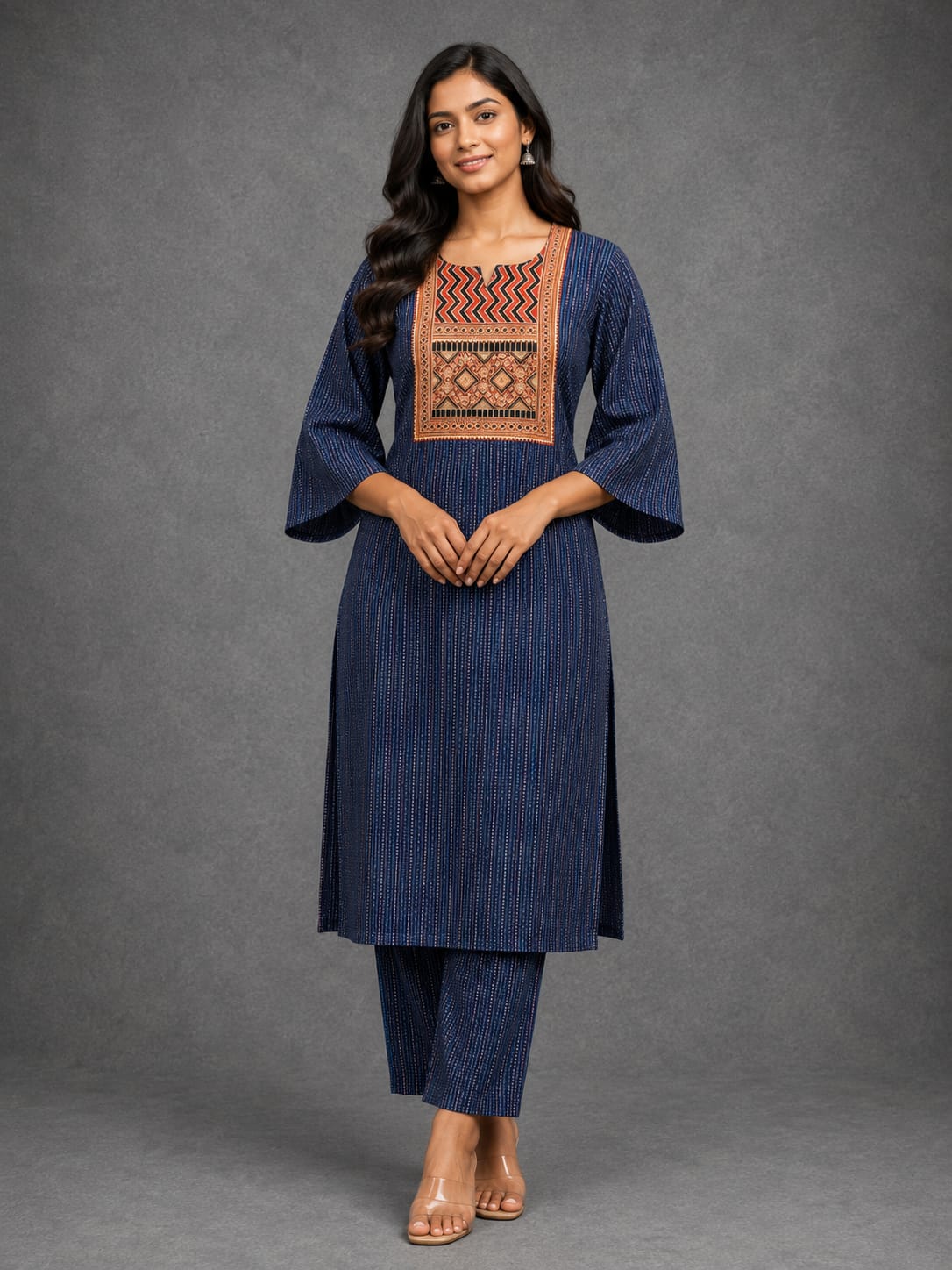 KANTHA KURTHI SET (NAVY BLUE GEOMETRIC)