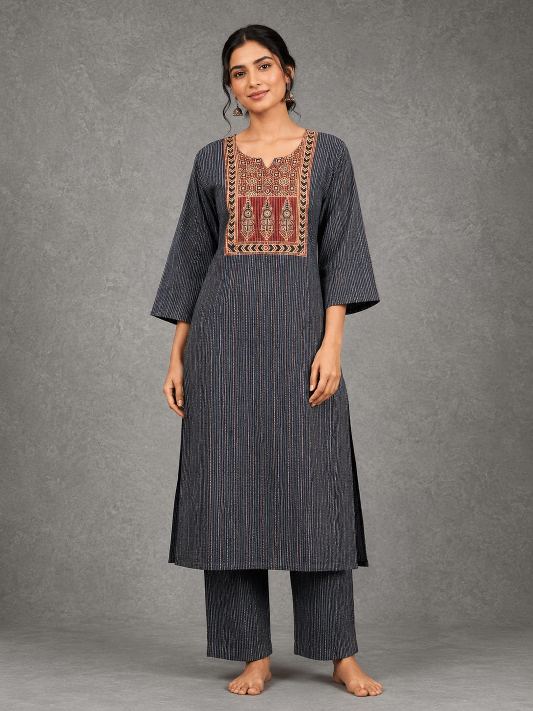 KANTHA KURTHI SET (GREY KANTHA)