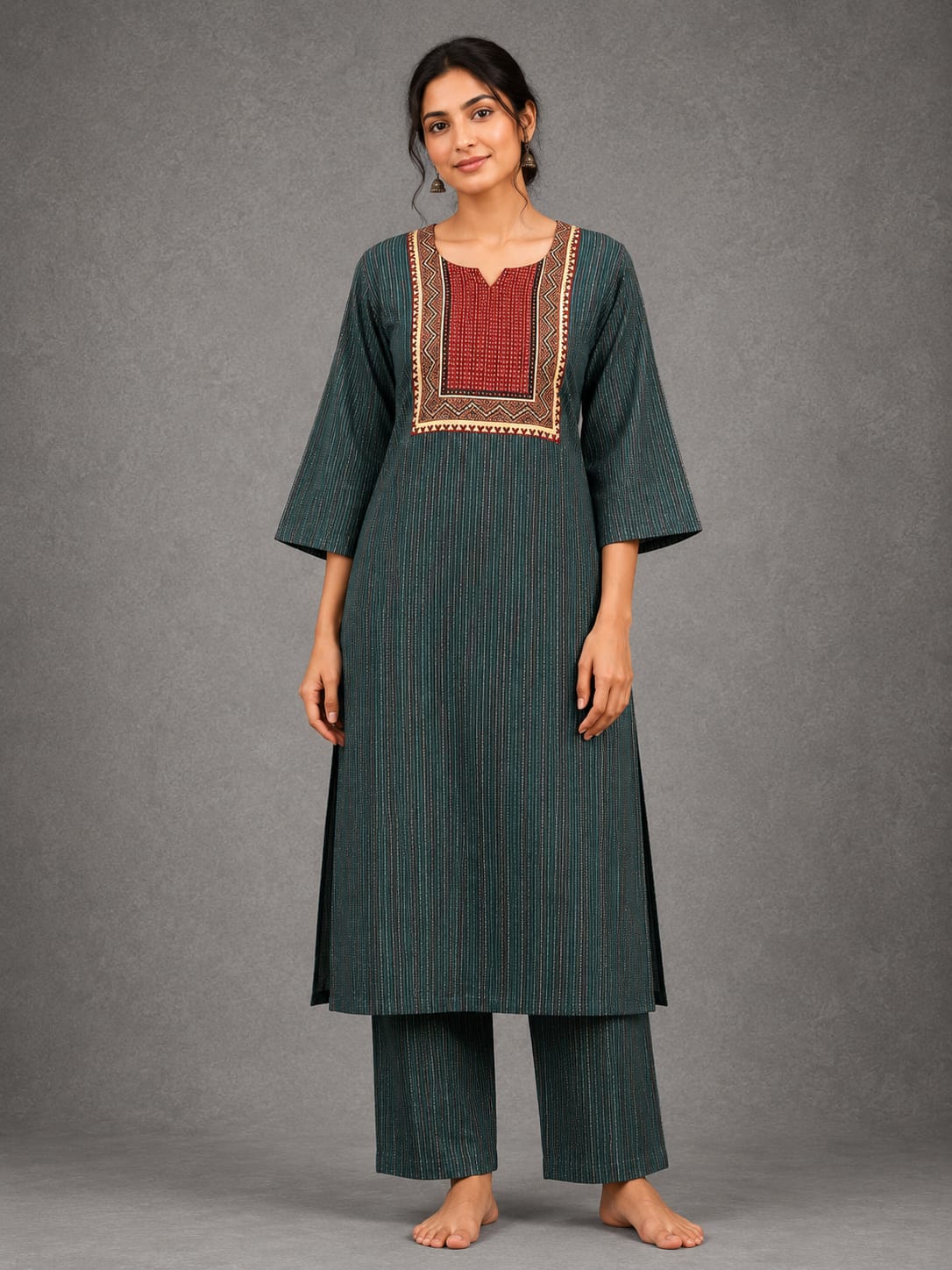 KANTHA KURTHI SET (GREEN DOTS)