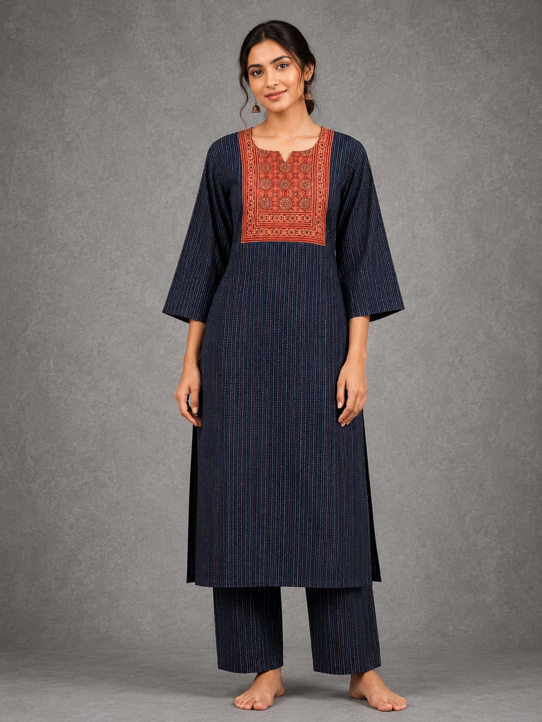 KANTHA KURTHI SET (BLACK AJRAKH)