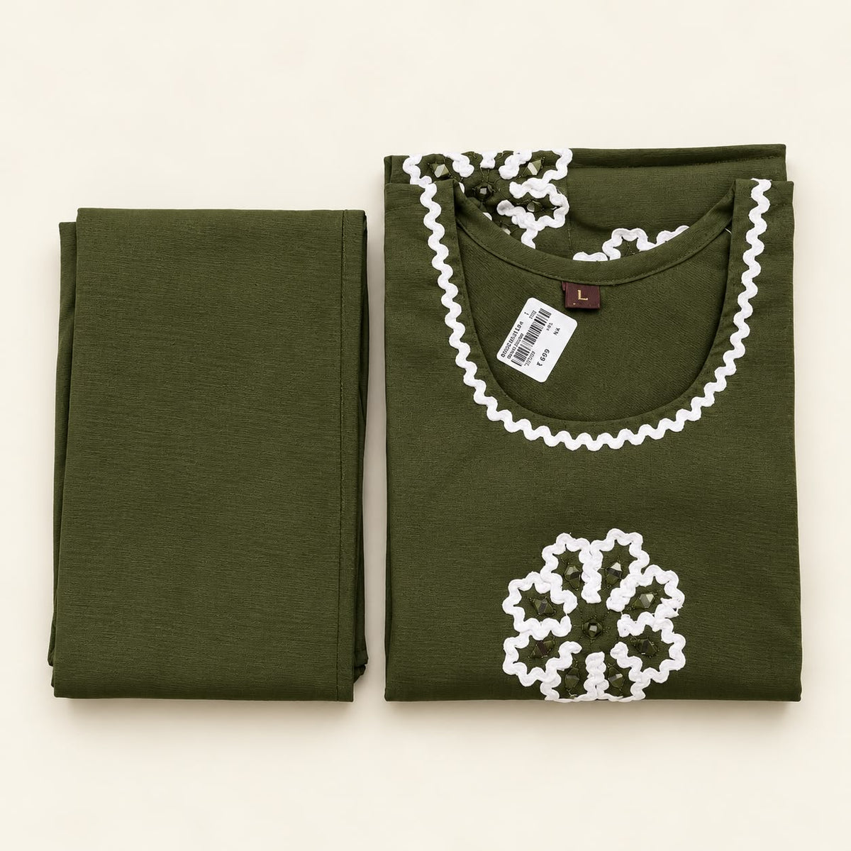 OLIVE GREEN VATICAN SILK EMBROIDERED TWO-PIECE KURTI SET
