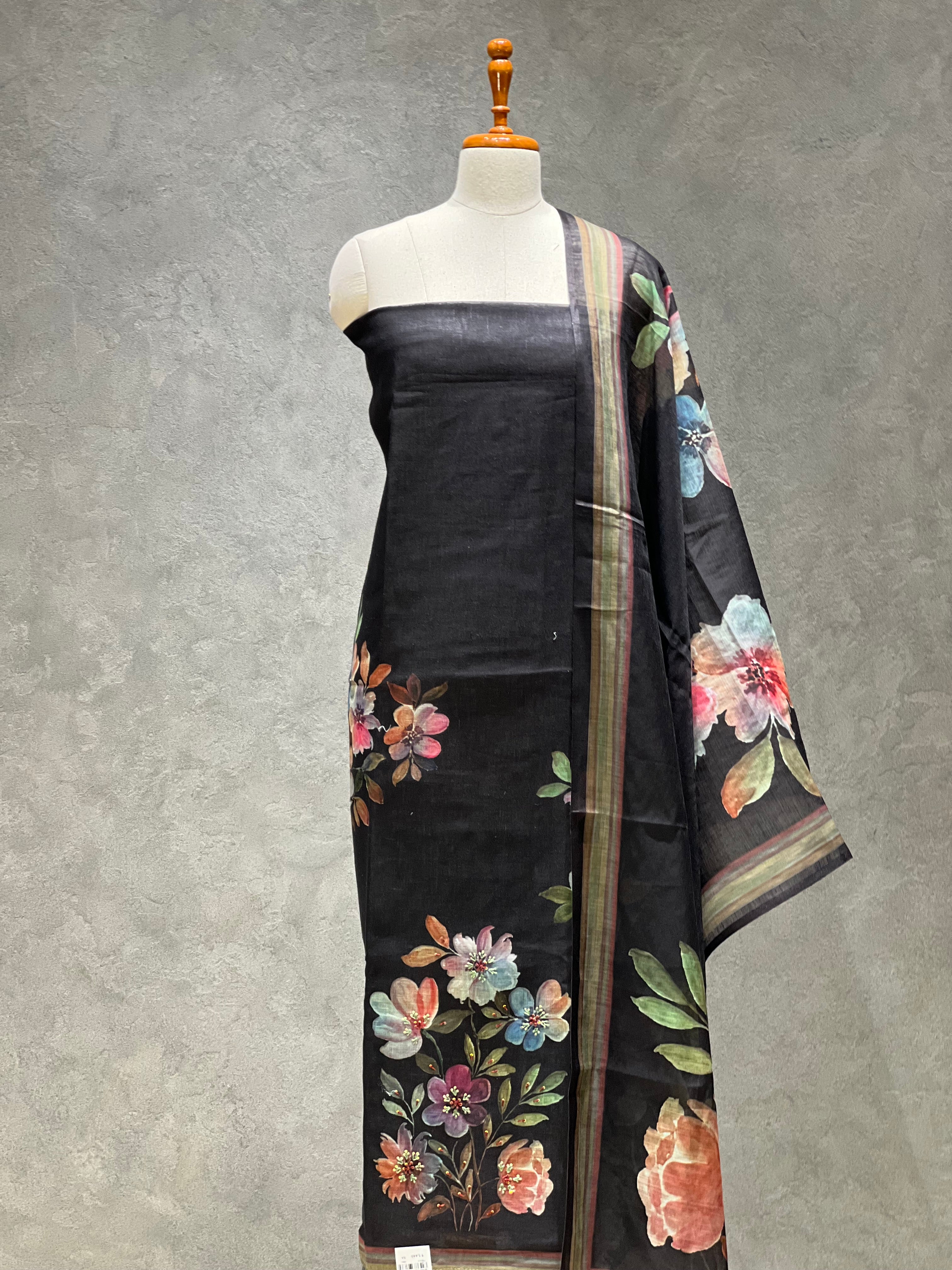 BLACK FLORAL PRINT LINEN UNSTITCHED SUITS