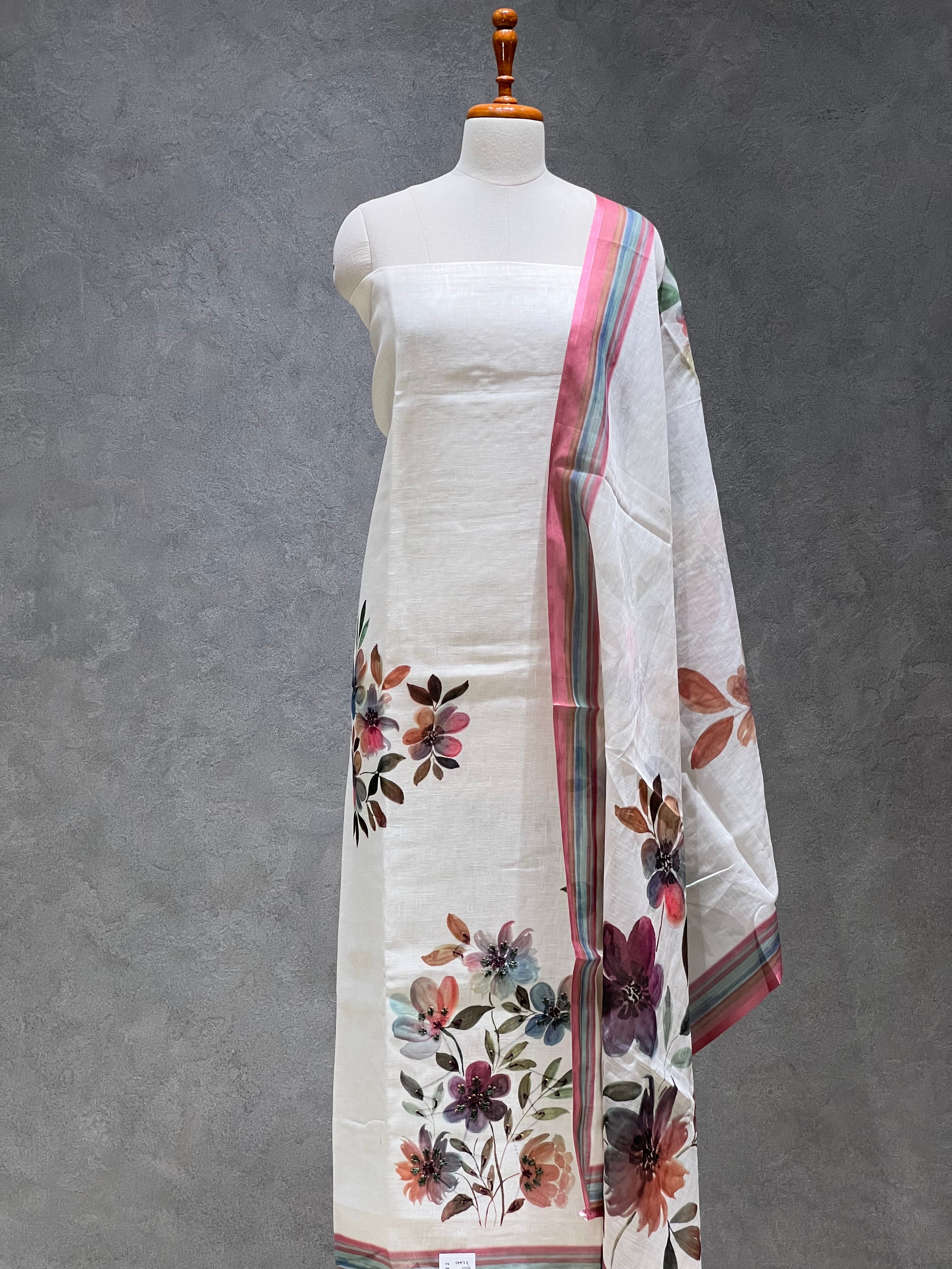 WHITE FLORAL PRINT LINEN UNSTITCHED SUITS