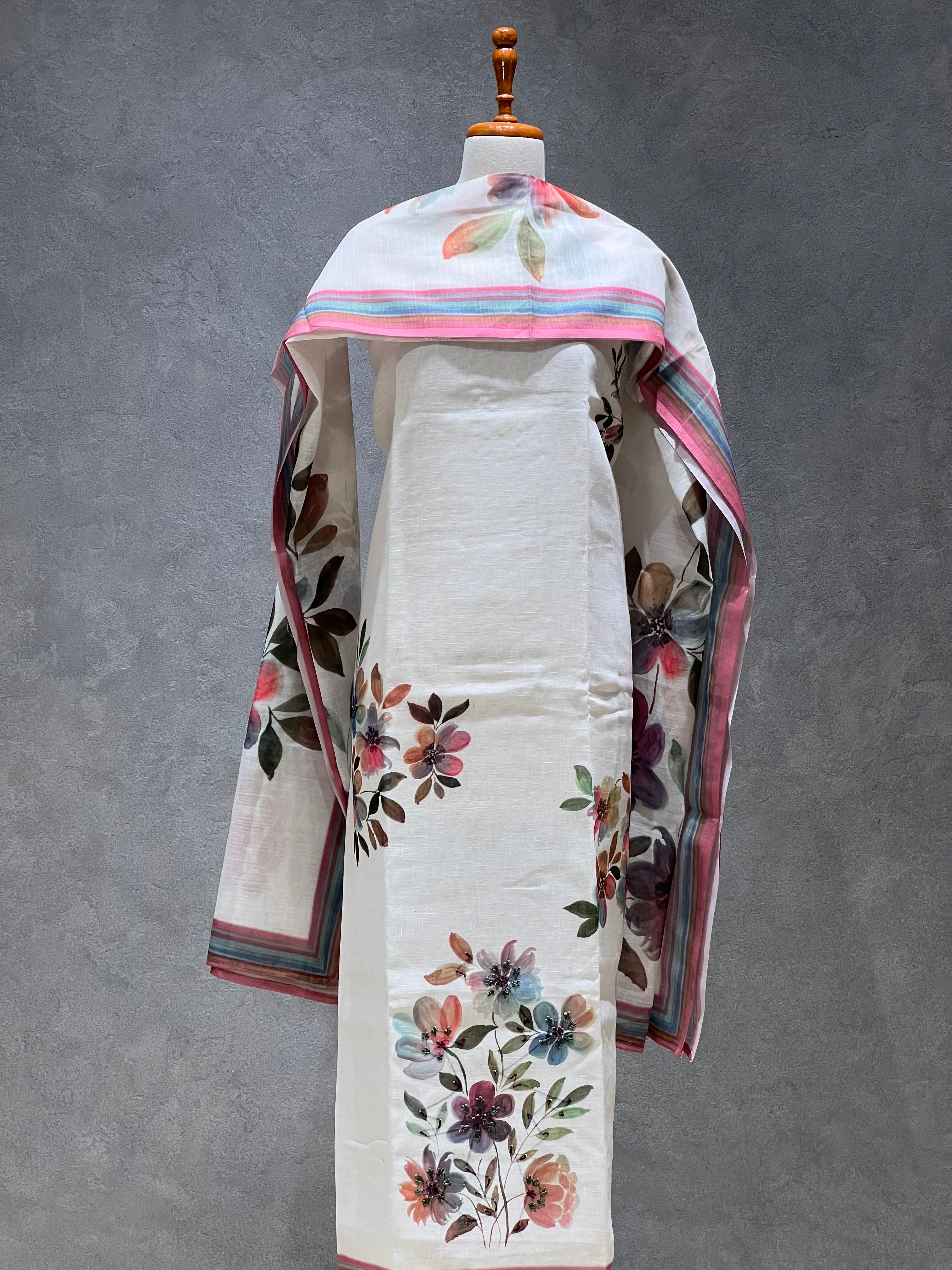 WHITE FLORAL PRINT LINEN UNSTITCHED SUITS