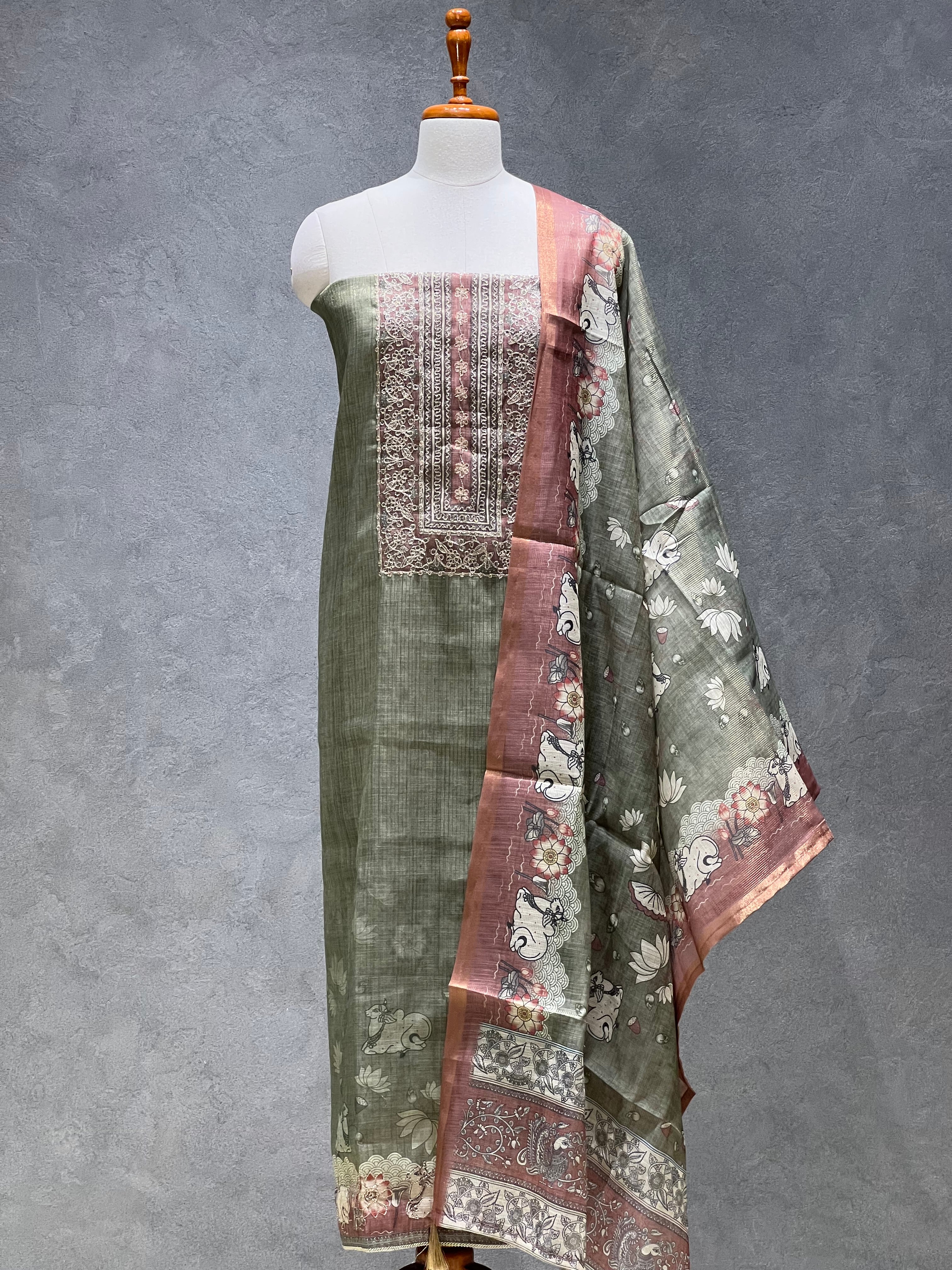 TISSUE LINEN GREEN UNSTITCHED SUITS