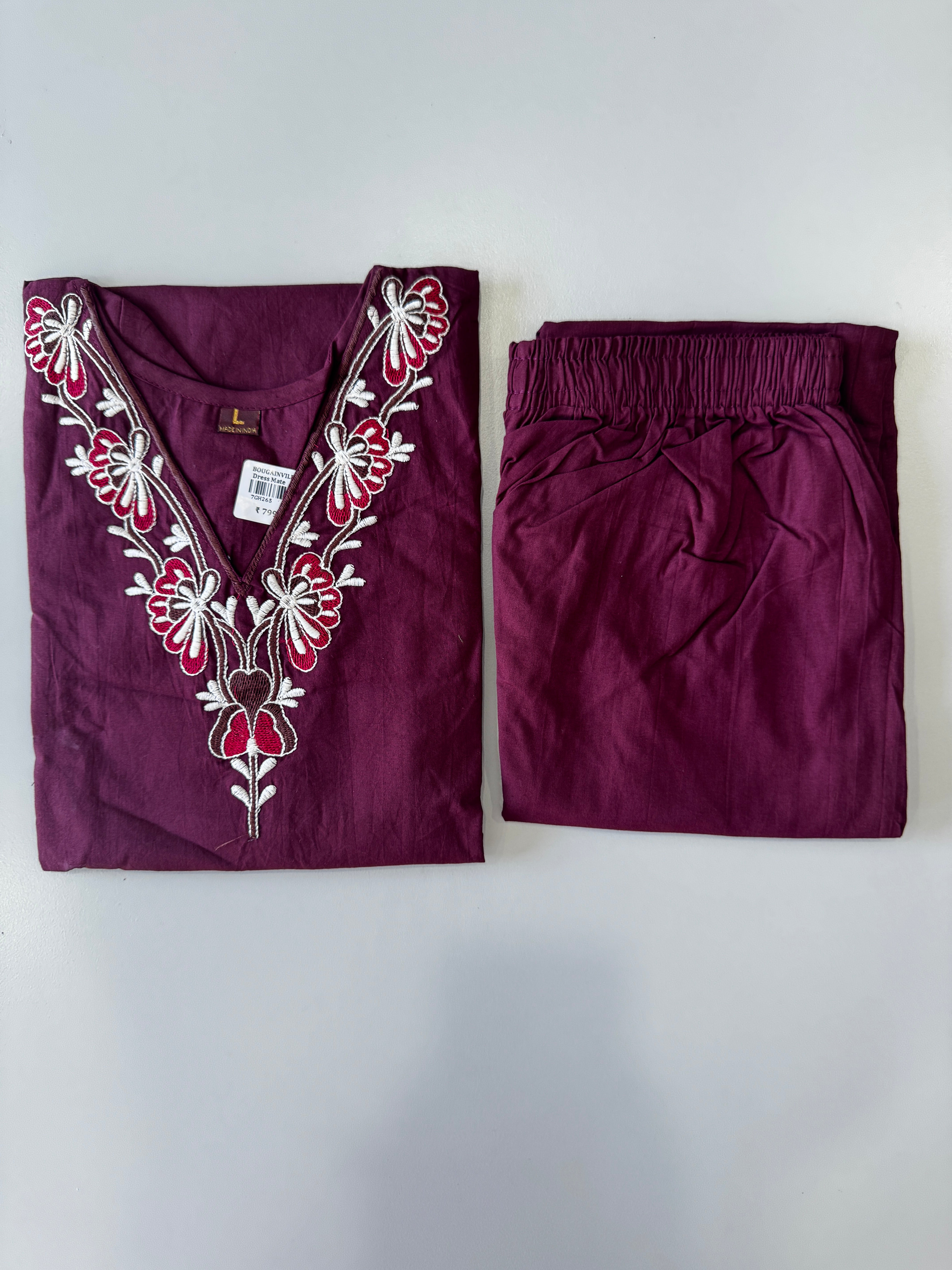 DHABU COTTON KURTHI SET (DEEP WINE)