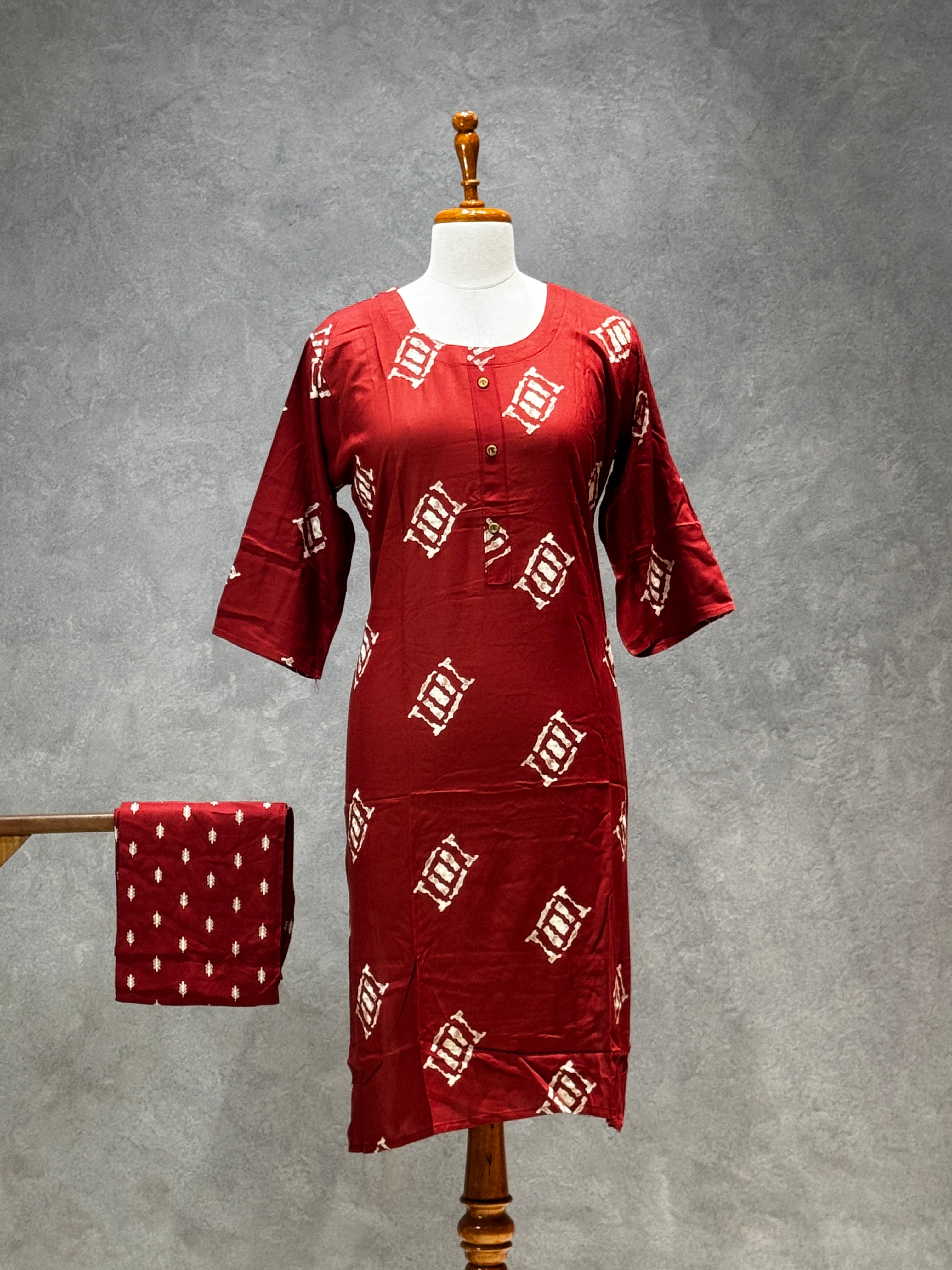 CASUAL WEAR GEOMENTRIC BRICK RED KURTHI