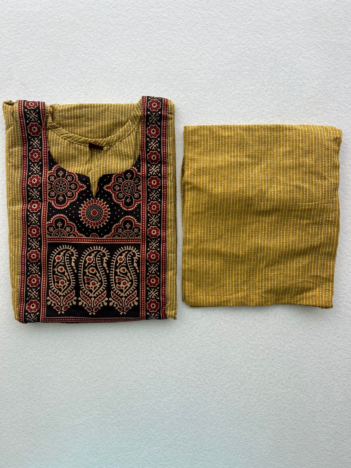 KANTHA KURTHI SET (MUSTARD MANGO)