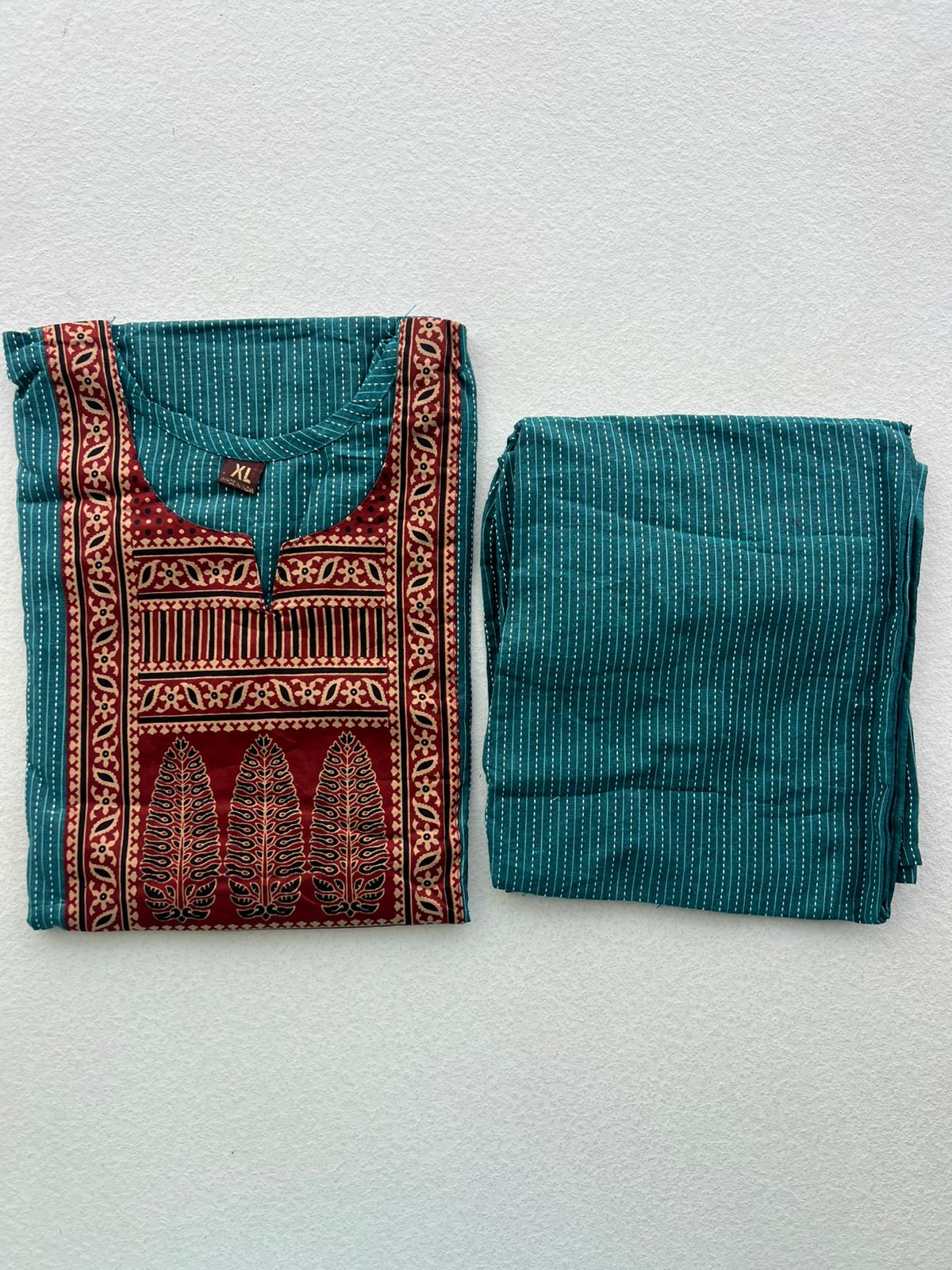 KANTHA KURTHI SET (DARK CYAN LEAF)