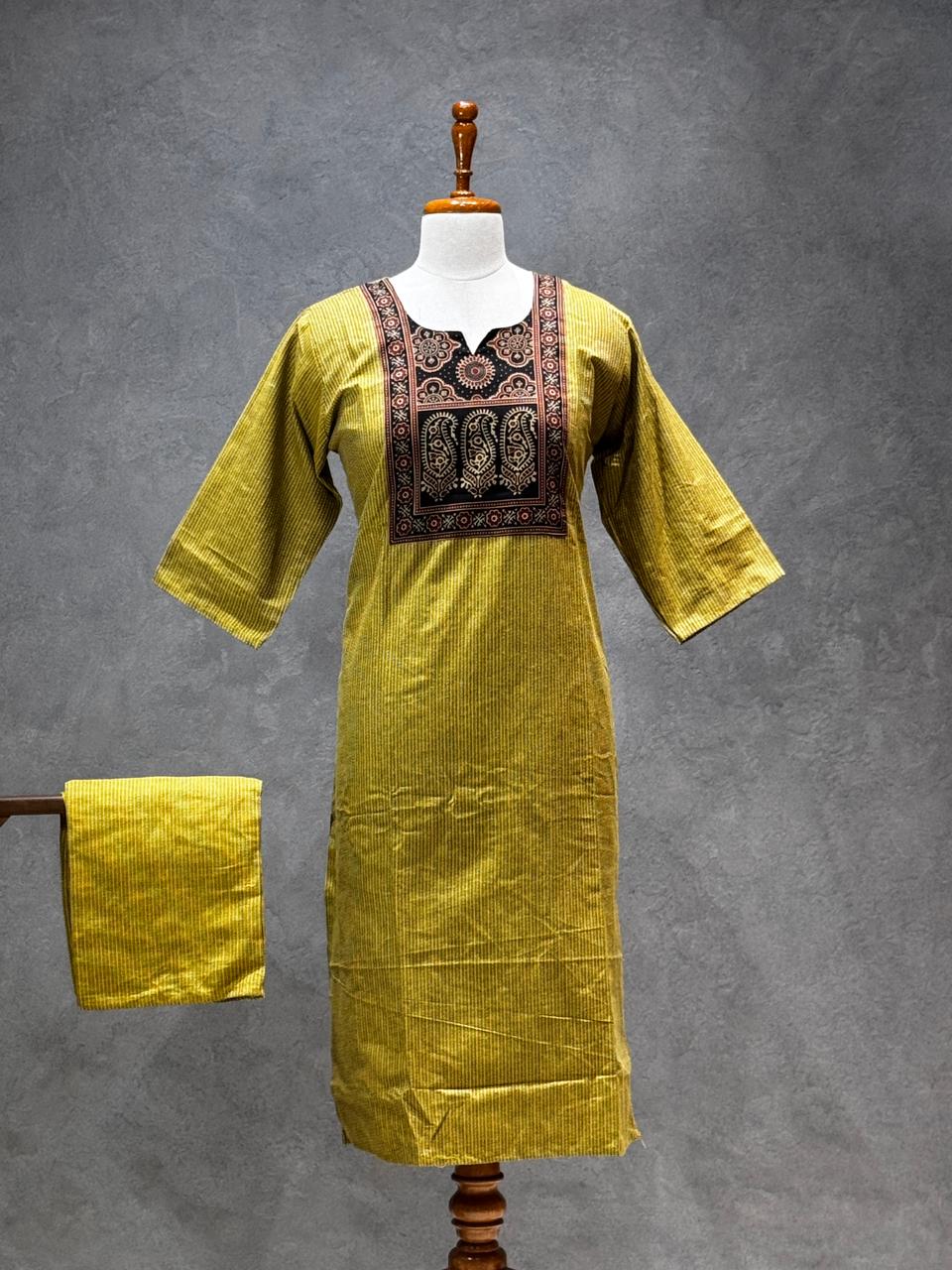 KANTHA KURTHI SET (MUSTARD MANGO)