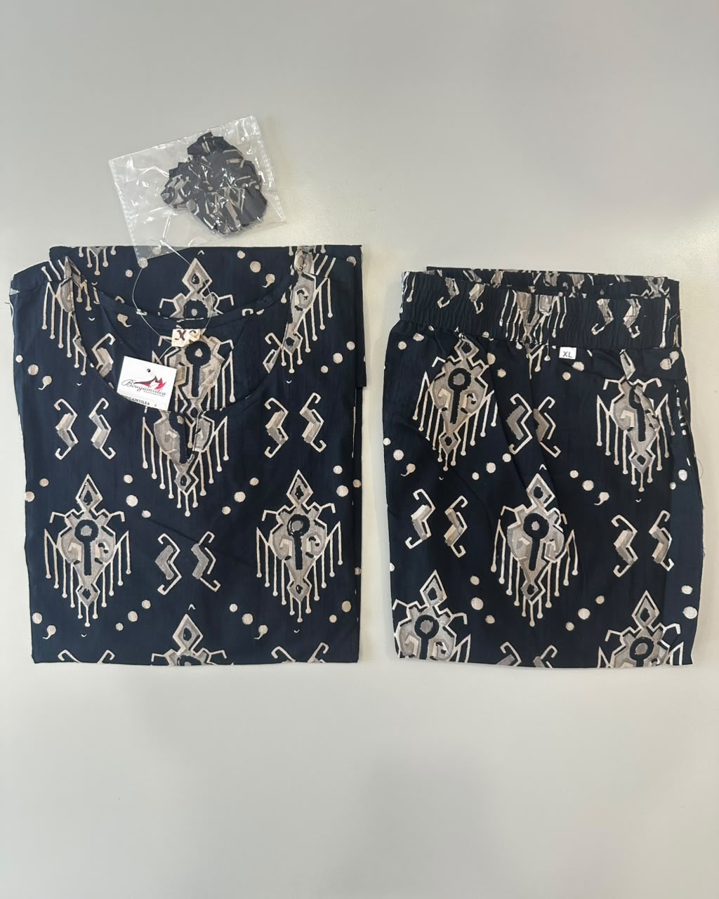 BLACK & GREY GEOMETRIC PRINT COTTON CO-ORD SET
