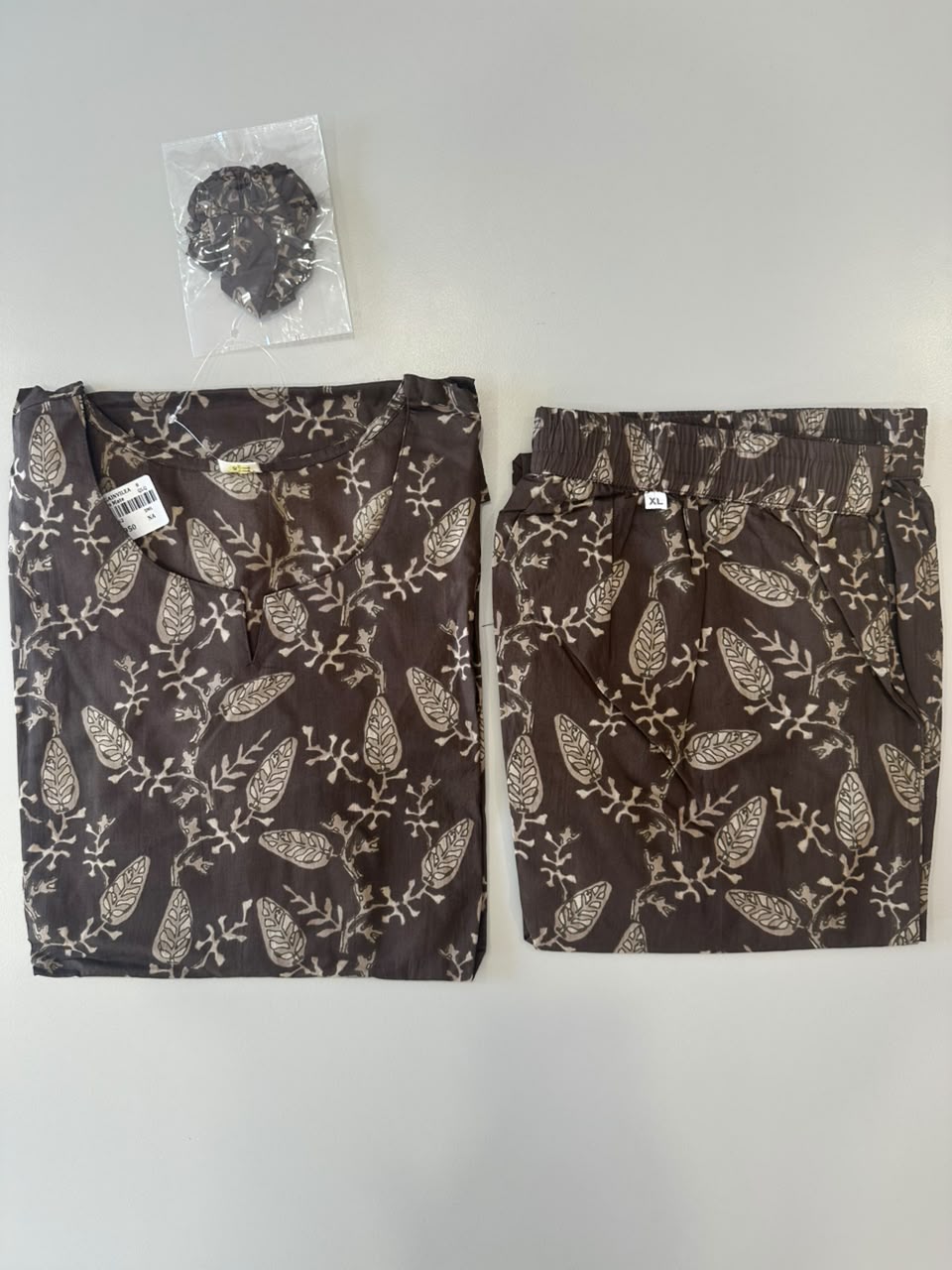 DARK BROWN LEAF PRINT COTTON CO-ORD SET