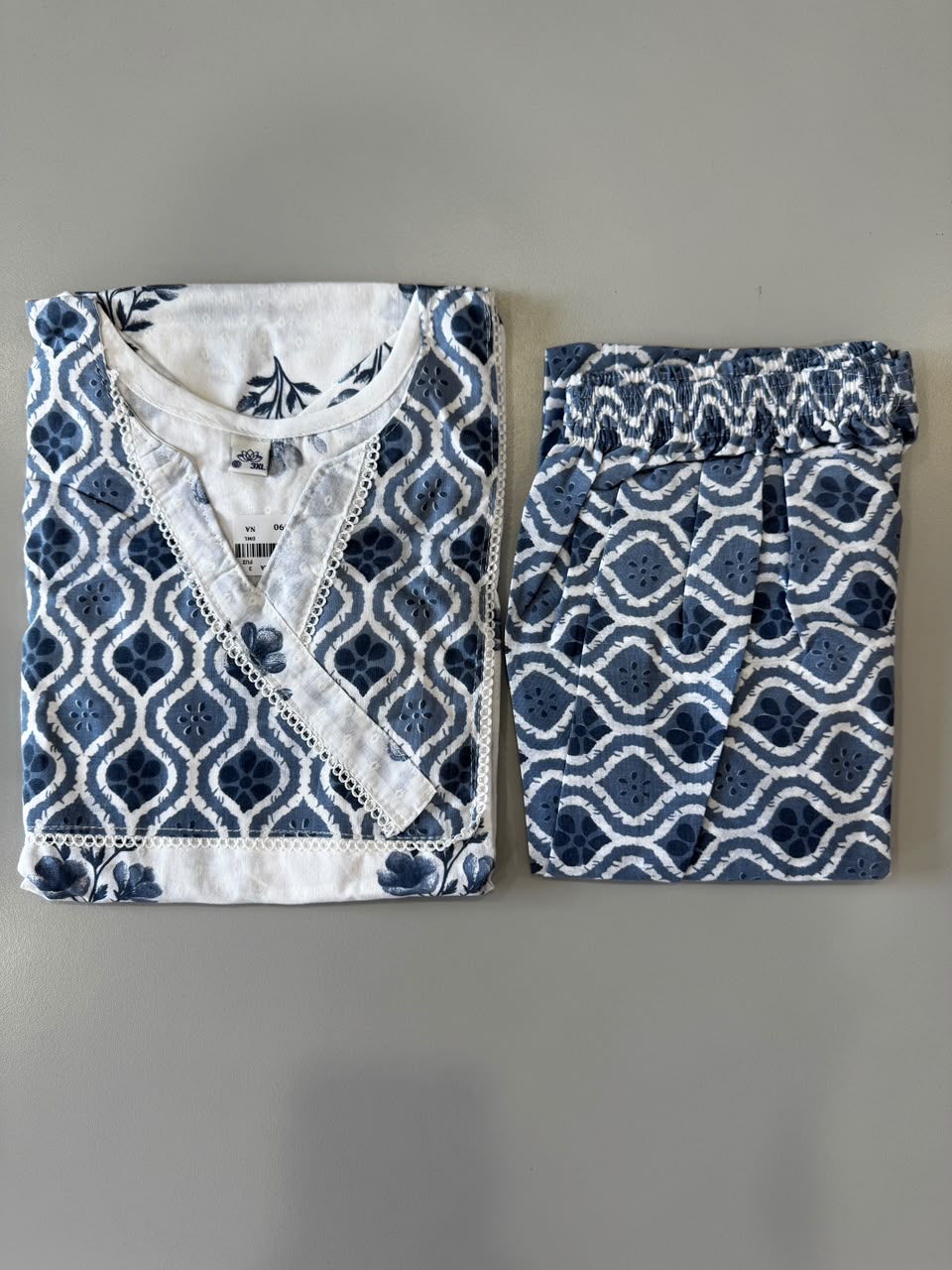 INDIGO FLORAL PRINTED COTTON BLEND KURTI SET