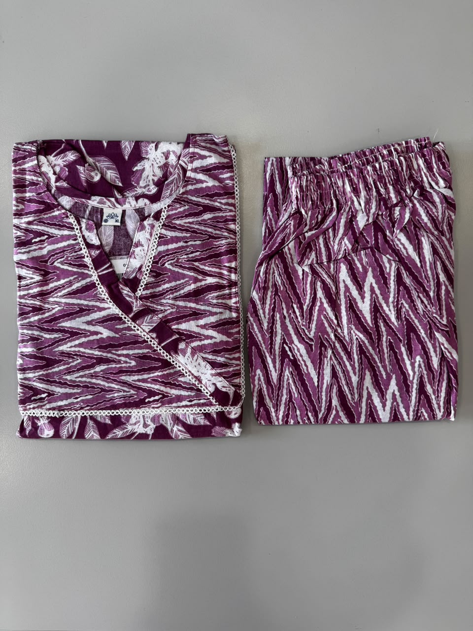 WINE ZIGZAG PRINTED COTTON BLEND KURTI SET
